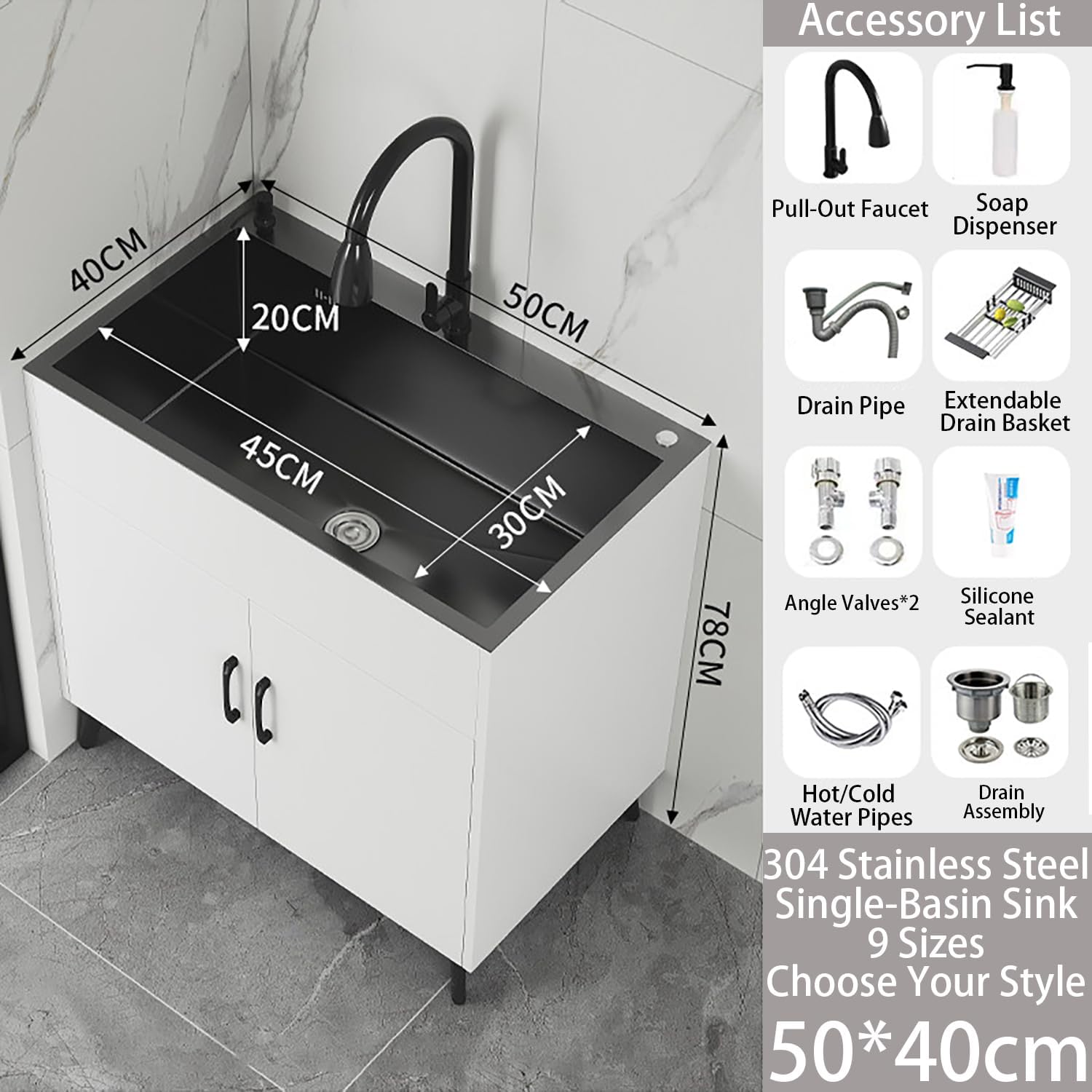 Length 19.6-26.7In Small Size Stainless Steel Utility Sink with Cabinet,Laundry Sink with Cabinet And Pull-Out Faucet,for Laundry & Utility Room,Kitchen,Bathroom,Garage,White,L50*W45*78cm