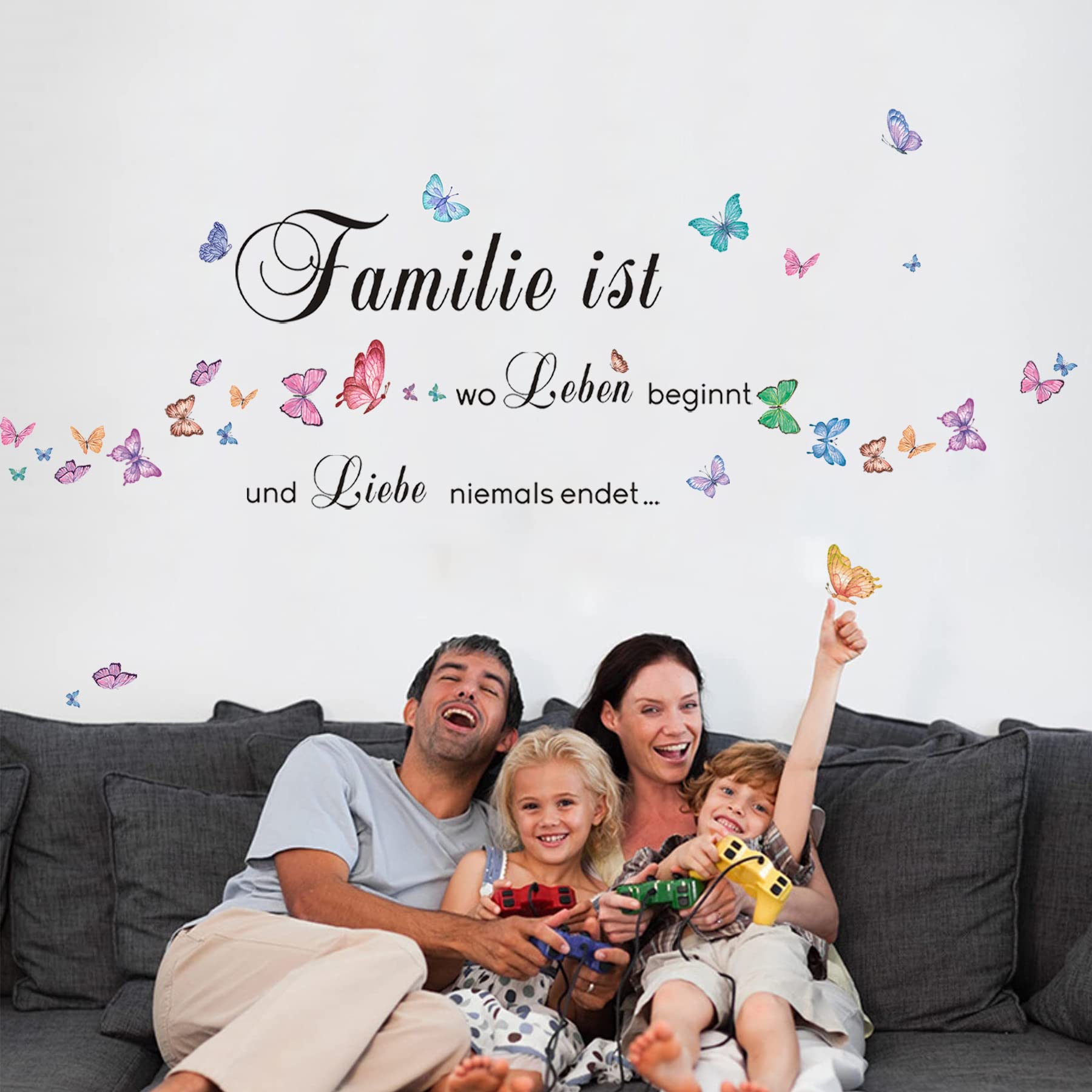 Wandaufkleber Set - Motiv Familiensprüche Mit Schmetterlingen, 110x95 Cm, Abnehmbares Vinyl