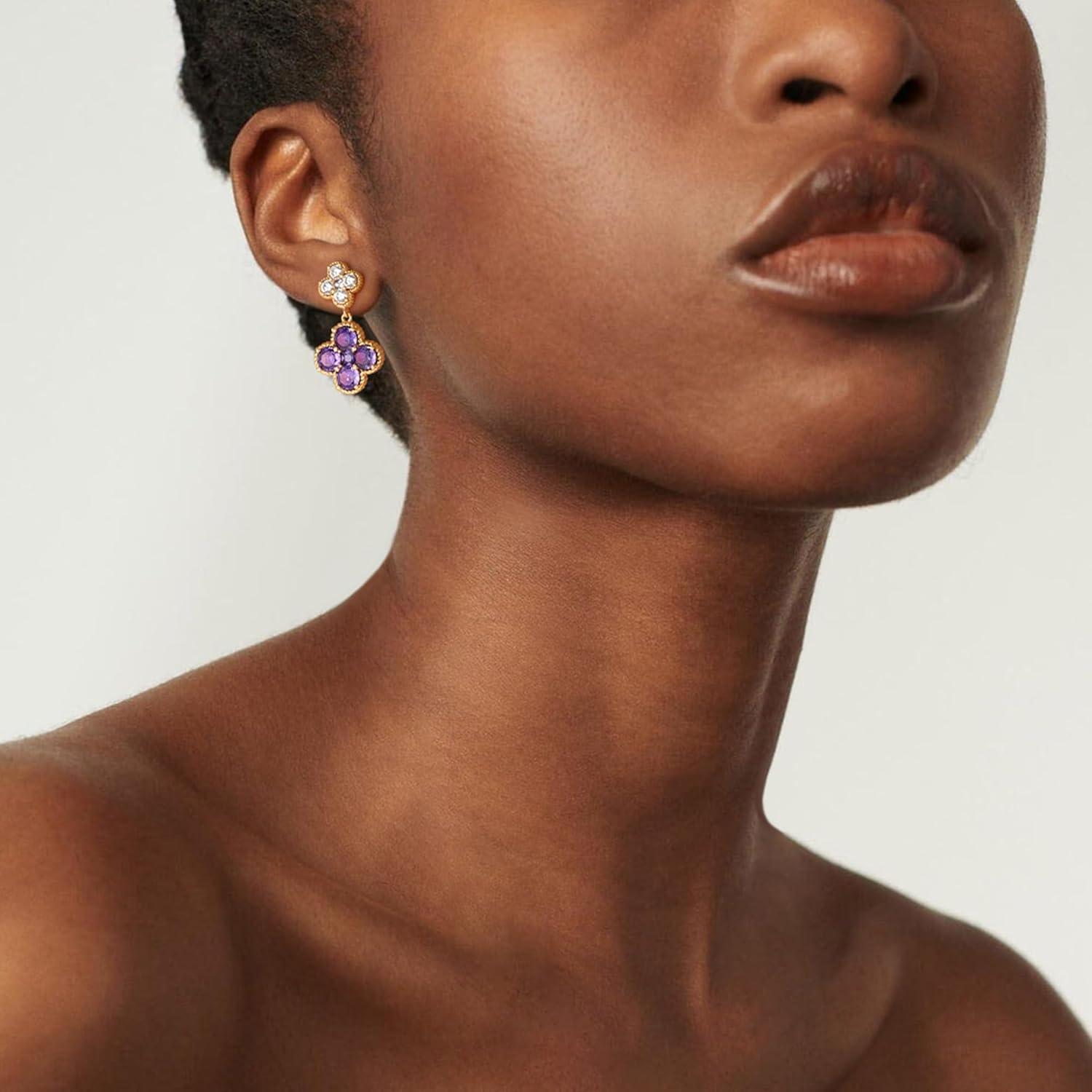 14K Gold Plated Double Plum Blossom Dangle Birthstone Four Leaf Clover Stud Earrings for Women, Hypoallergenic Drop Trendy Dainty Gold Earrings Birthday Gifts - Image 7