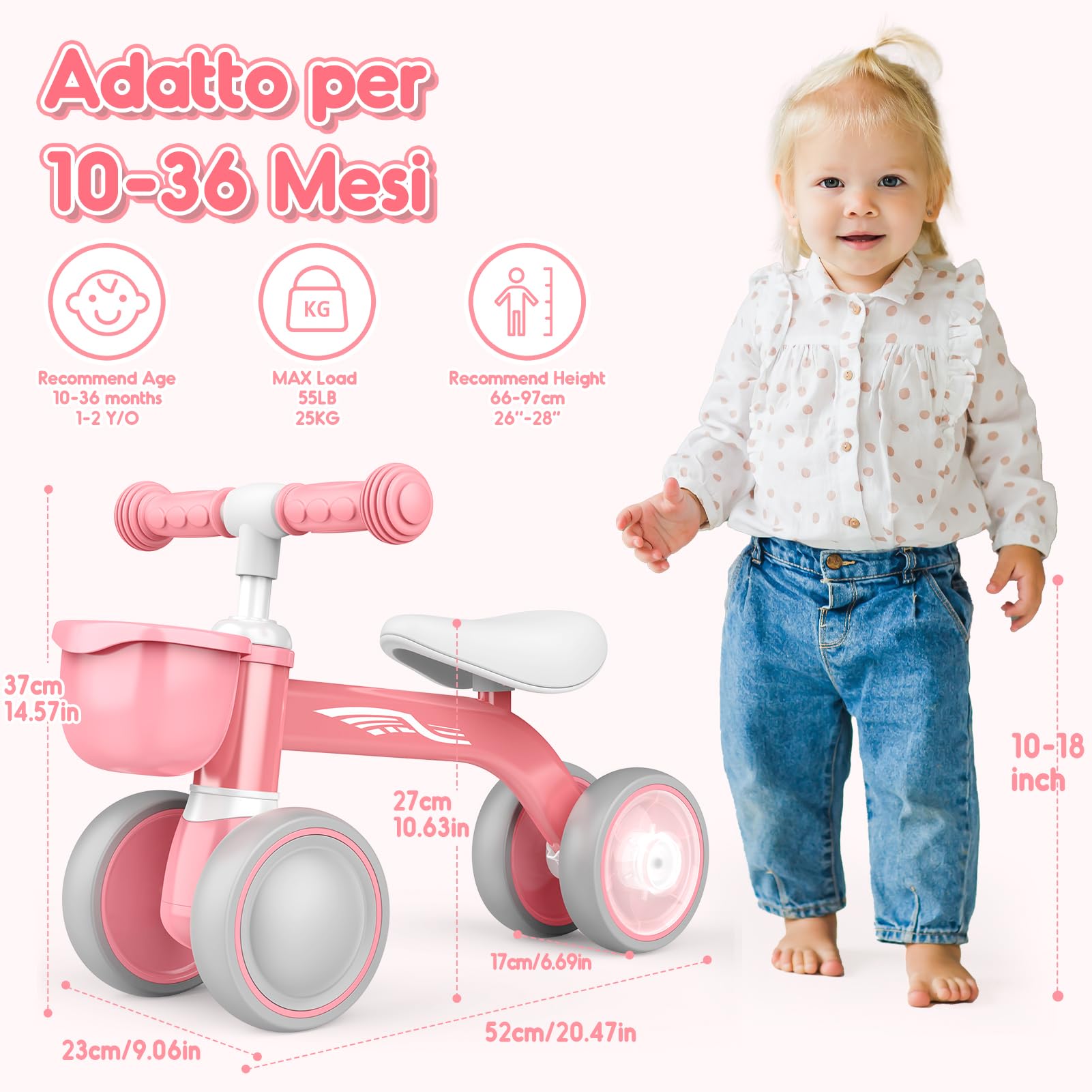 HappyGoLucky Bicicletta Bambini 12-24 Mesi con Cestino, Ruote Colorate, Ultra Leggero, Bicicletta Senza Pedali Giochi Bambina 1 2 Anni, Balance Bike Regalo Bambino 1 Anno, Primo Regalo di Compleanno