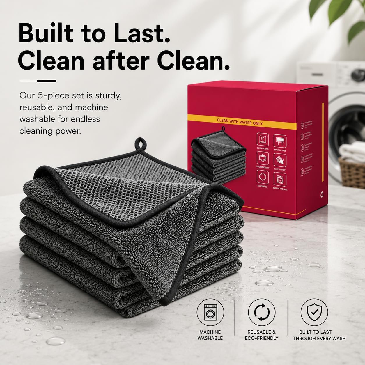 5PC Genie Magic Cleaning Cloths, Reusable Microfiber Cleaning Cloth | 2026 Upgrade Reusable Cleaning Cloths for Kitchen, Glass, and Car Windows, Lint-Free Wipes