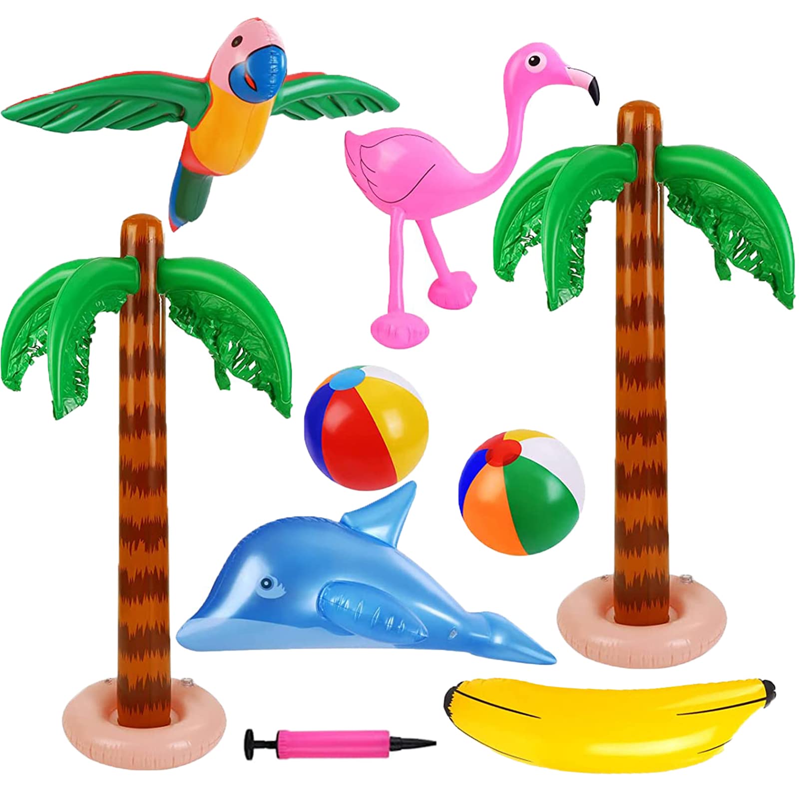 9Pcs Inflatable Palm Trees Flamingos Toys Inflatable Banana Beach Balls Flying Parrot Dolphin for Hawaii Party Decor Luau Party Backdrop (with Air Pump)