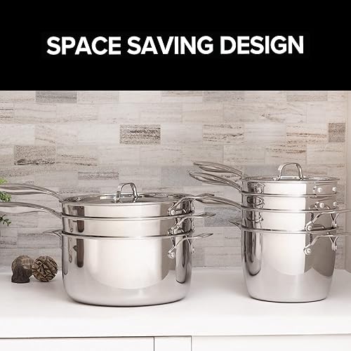 Miniatura 6 de Nuwave Juego de utensilios de cocina profesionales de acero inoxidable de 9 piezas, diseño anestable que ahorra espacio, triple capa resistente,