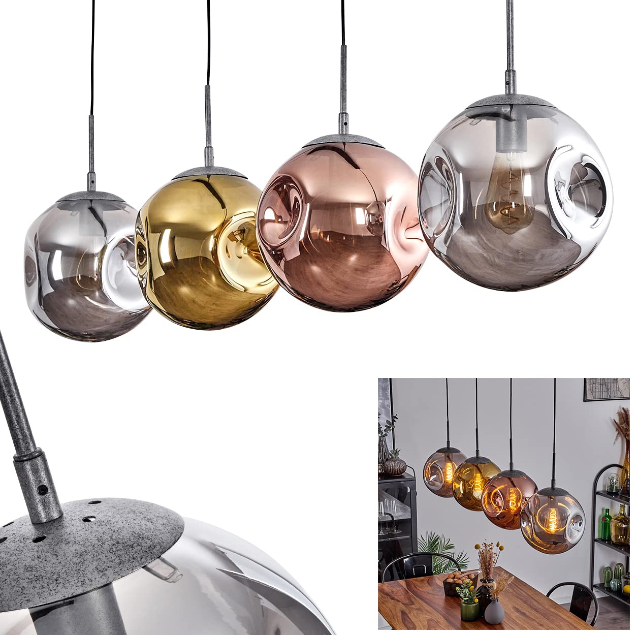 Hofstein Gold Cabreiro Hanging Light, Metal/Glass Hanging Light In Anthracite/Silver/Copper/, 4-Flame Light In Vintage/Retro Design With Glass Lampshades (Ø 25 Cm), Height Max. 152 Cm, E27, Bulbs Not Included