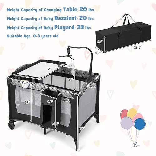 Miniatura 6 de HONEY JOY Pack and Play, corralito portátil 4 en 1 con moisés, cambiador, ruedas bloqueables, caja de música, centro de guardería plegable para cuna