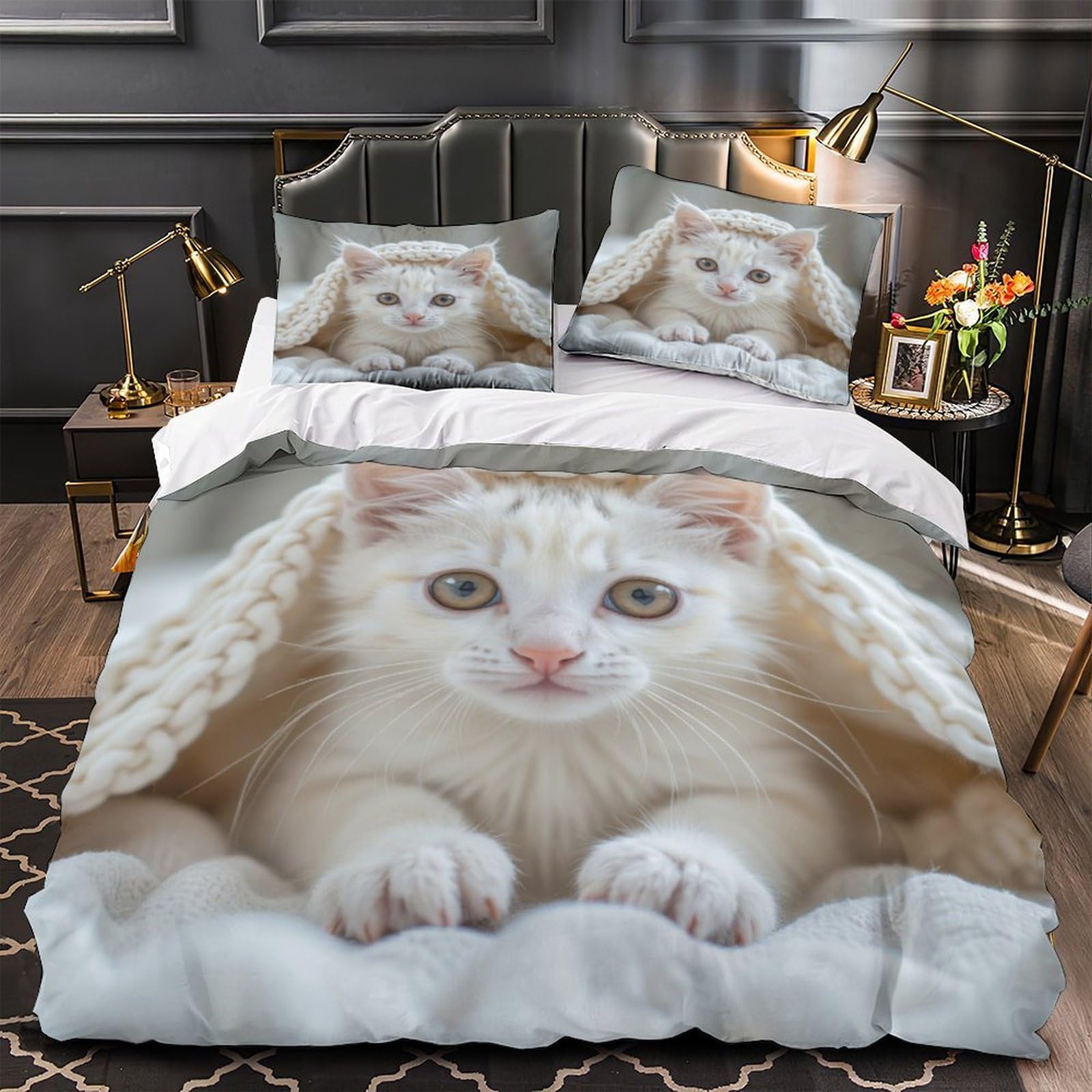 Housse de couette chat fermeture éclair parure de lit microfibre facile à laver pour allergiques