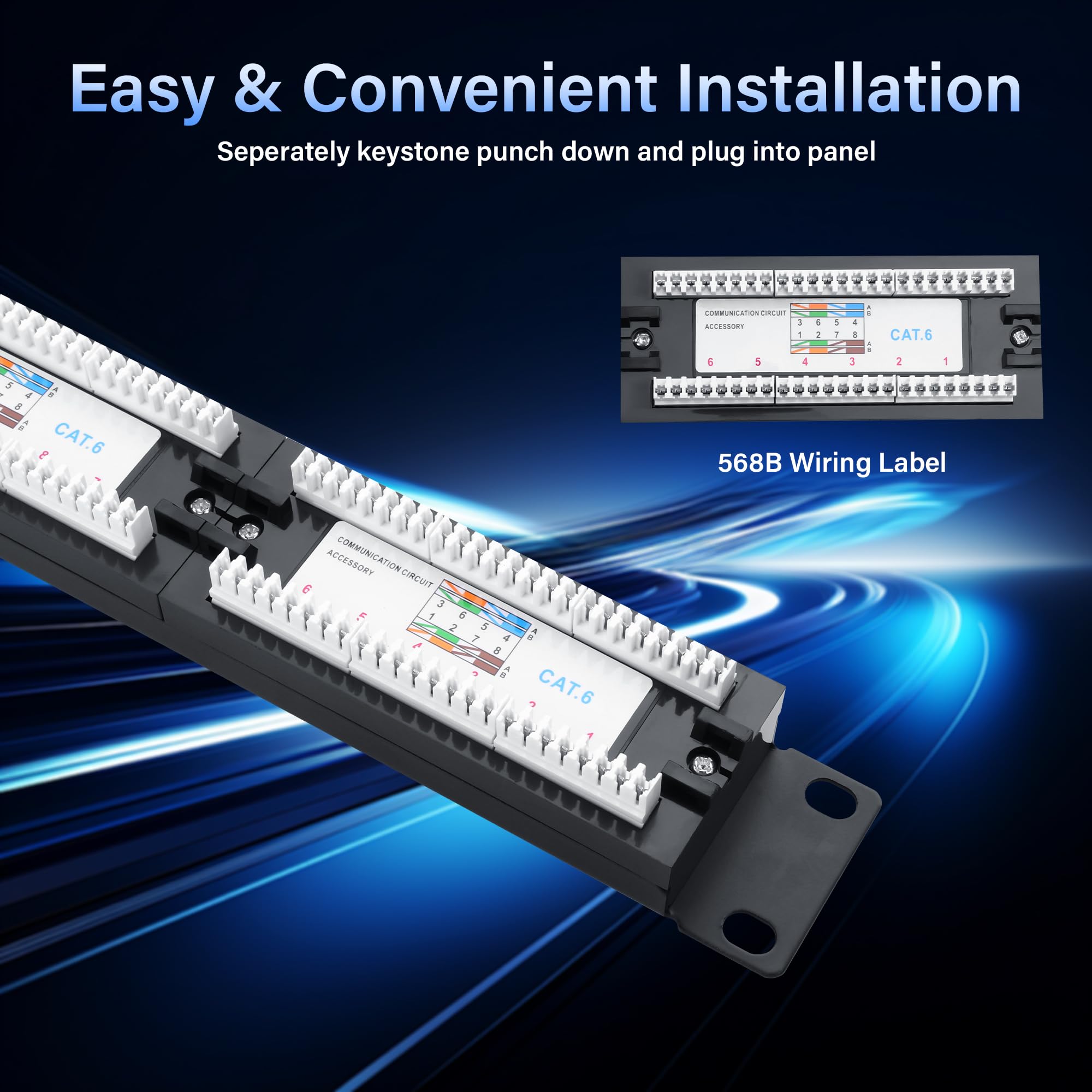 Pannello patch Cat6 da 10 Gbps, 24 porte RJ45, per montaggio su rack da 19", compatibile con Cat6, Cat5e, Cat5