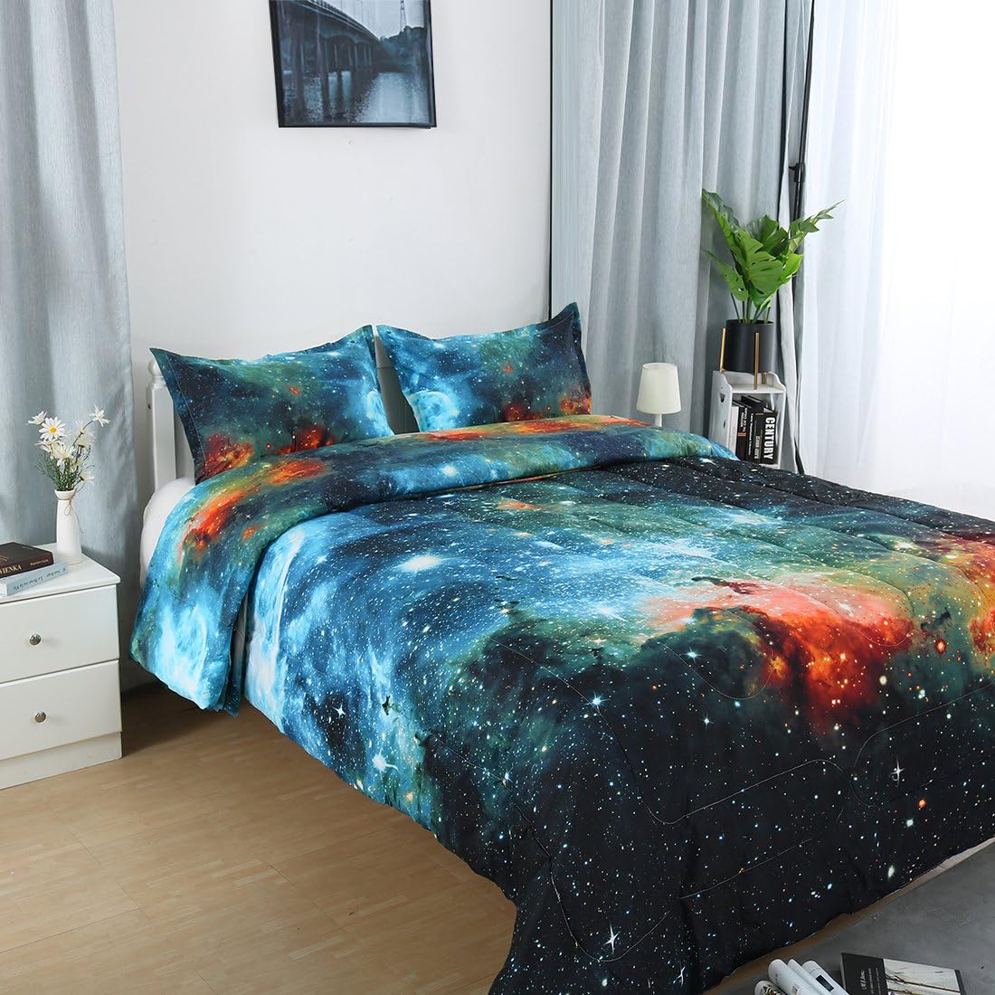 uxcell Full/Queen Size Galaxies Blue Comforter Sets - 3D Outer Space Themed - All-Season Down Quilted Duvet - Reversible Design- Includes 1 Comforter, 2 Pillowcases