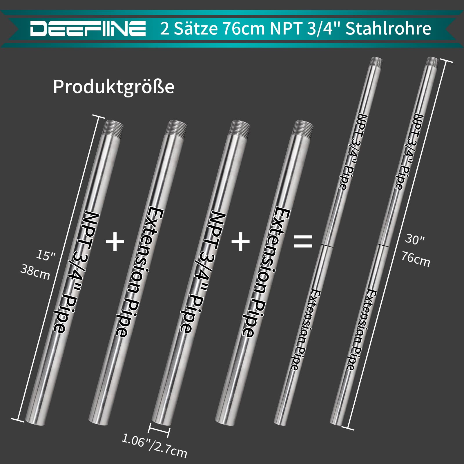 2 Stück 76CM 3/4 Zoll Gewindestandard Edelstahl-Rohrverschraubung Fit rohr-schraubzwinge 3/4 zoll mit 2 Stück 76CM Verlängerungsstänge aus Edelstahl