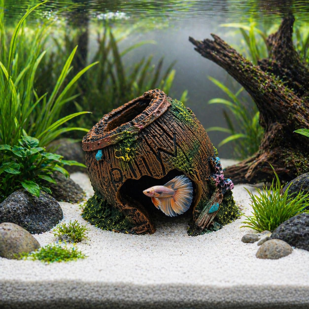 DEAR PET Aquarium Cave Decoration Resin Fish Hideout Barrel Ornament for Fish Tank Natural Aquascape Decor Safe Shelter for Small Fish Betta Guppy Shrimp Tank Accessories Non Toxic Durable Design-image-4