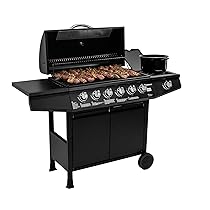 Amig – Barbecue a gas Fireplus 6+1 da 12,9 kW – Acciaio inox nero – Modello GRILL-6F – Barbecue XXL con carrello e termometro – Dimensioni: 138 x 52 x 103 cm – 7 bruciatori e ripiano laterale