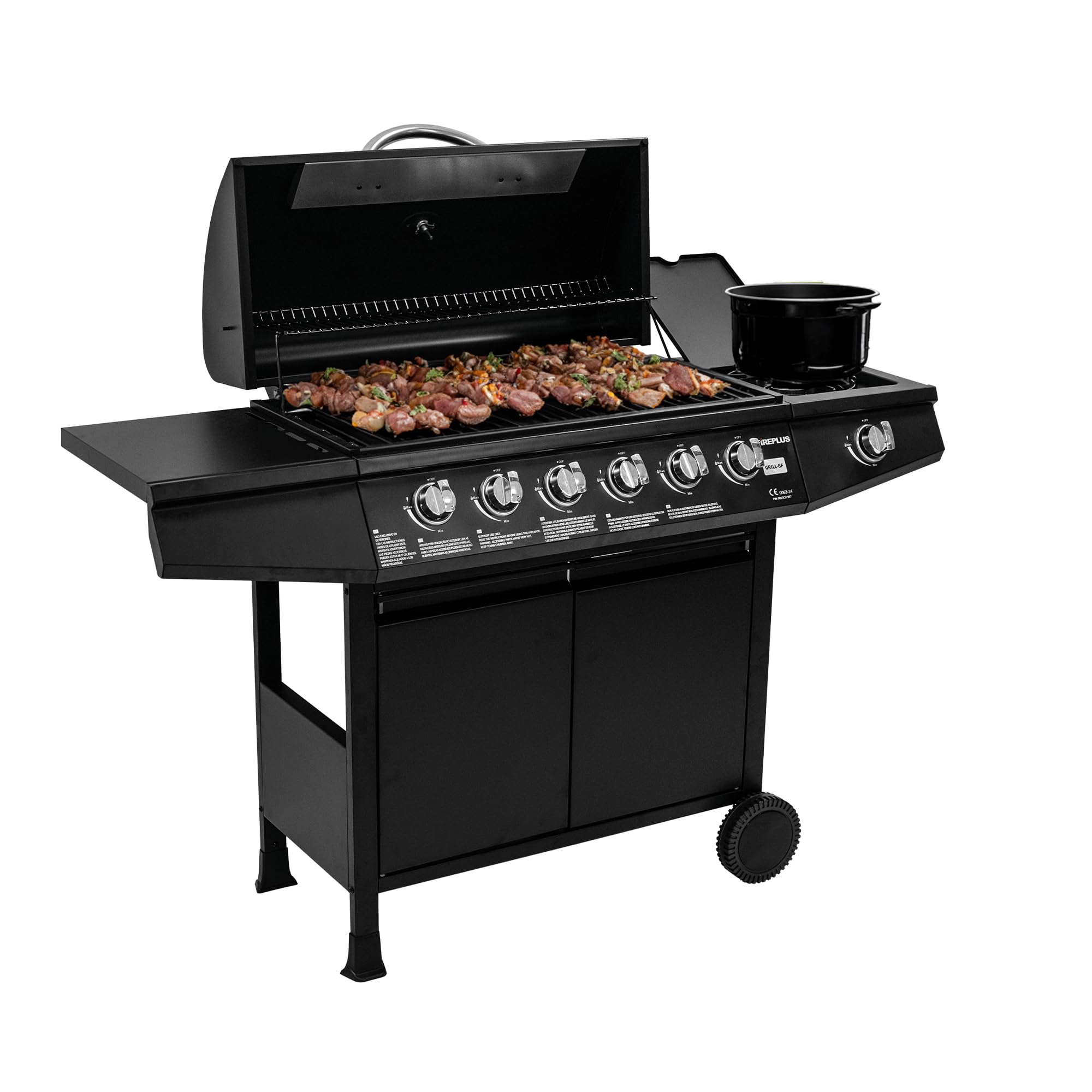 Barbecue a gas Fireplus 6+1 12,9 kW Acciaio inox nero GRILL-6F 7 bruciatori 138x52x103 cm