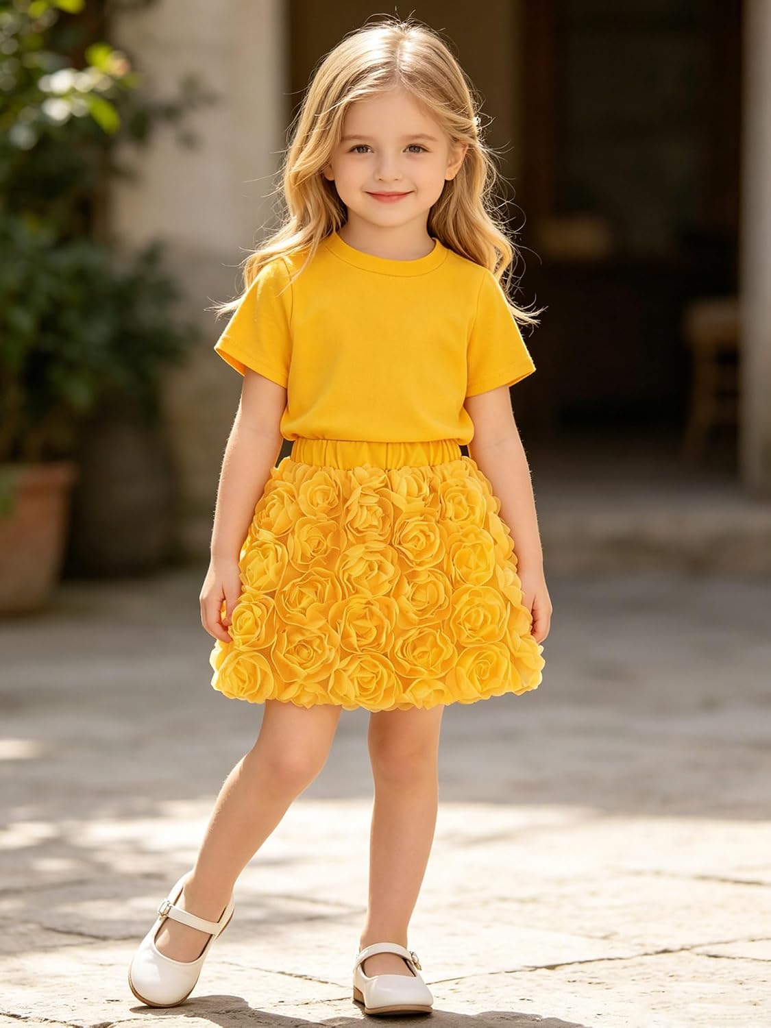 Girls Tops Mini Skirts 2 Piece Short Sleeve Top Flower Skirt Outfit Summer Clothes Set for Daily Wear Yellow 6-7 Years
