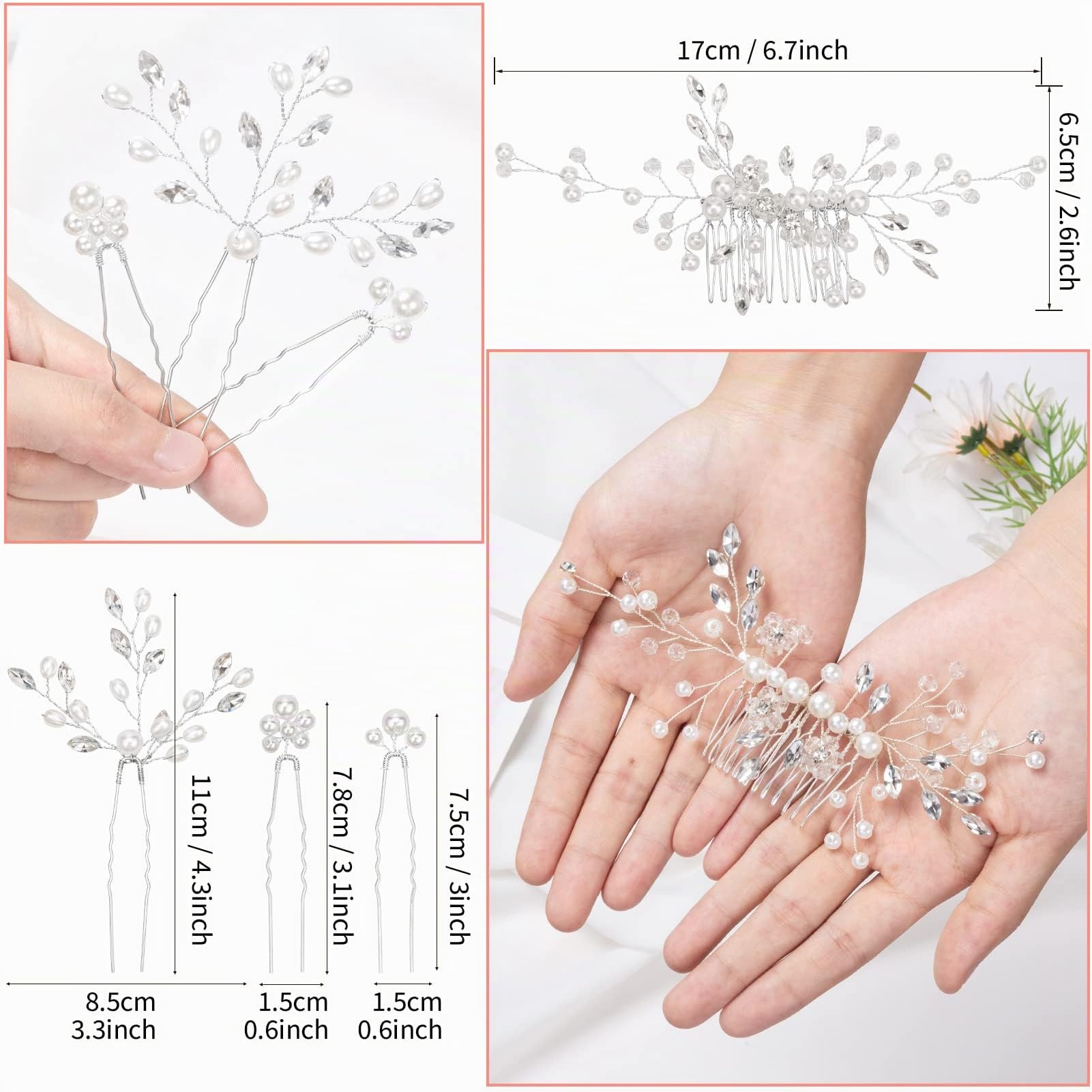 MELLIEX Peine para el Cabello de Novia, Horquillas Pelo Boda de Diamantes de Imitación y Perlas Artificiales Tocado de Novia, Plata