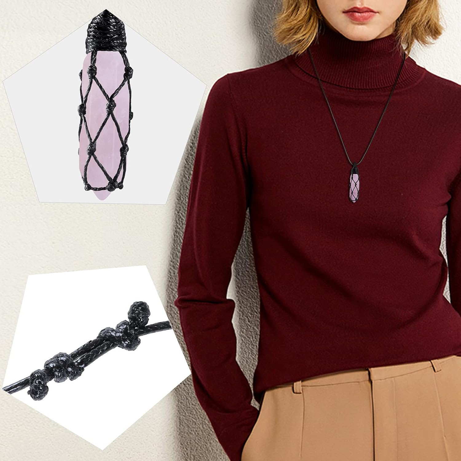 Nupuyai Rose Quartz Hexagonal Quartz Crystal Point Pendant Necklace for Women Men Natural Wrapped Stone Pendulum Pendant with Adjustable Rope 65cm - Image 5