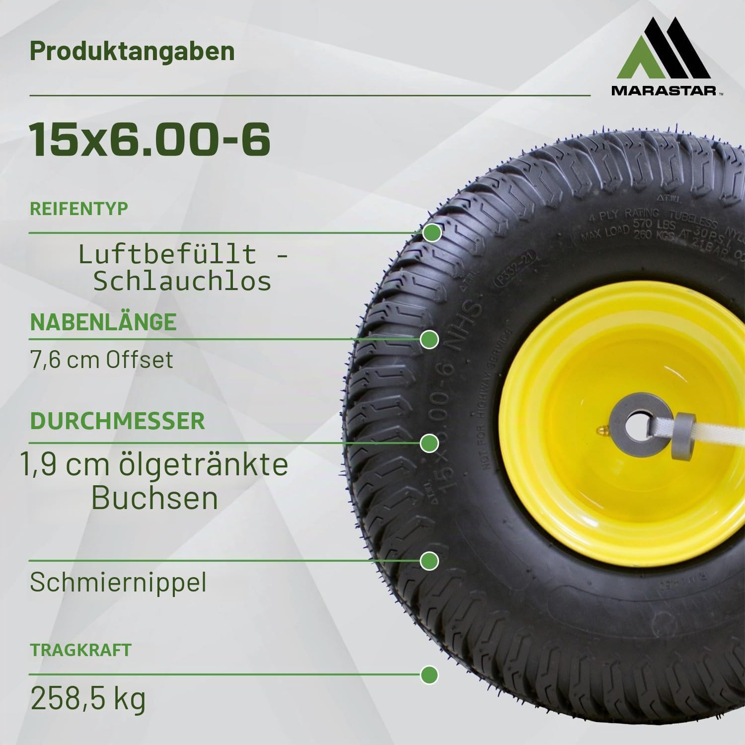 MARASTAR 21426 15x6.00-6 Reifen und Radmontage, Ersatz-Rasenmäher, Vorderreifen, kompatibel mit John Deere Rasenmäher der Serie 100 und 300