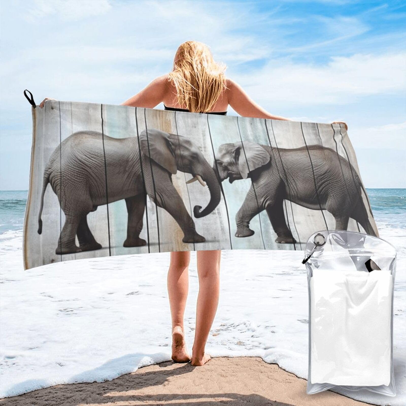 DWVTSLH Microfiber Sand Free Beach Towel 27.5"x55", Quick Dry Absorbent Travel Towel Large Camping Blanket, Elephant on Wood Bath Towels Lightweight Pool Swim Towels for Vacation Essentials