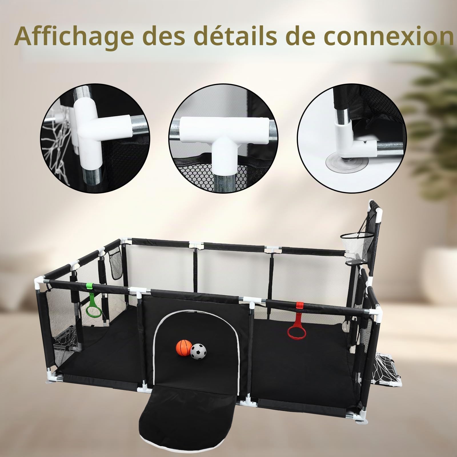 Grande Portable Enfants avec Ventouse Base Antidérapante, Modulable,Pliable,parc pour enfant en bas âge Avec Porte Zippée,50 Balles,Basketball Rack,Avec 4 Ventouses-180 * 120 * 66cm-Noir