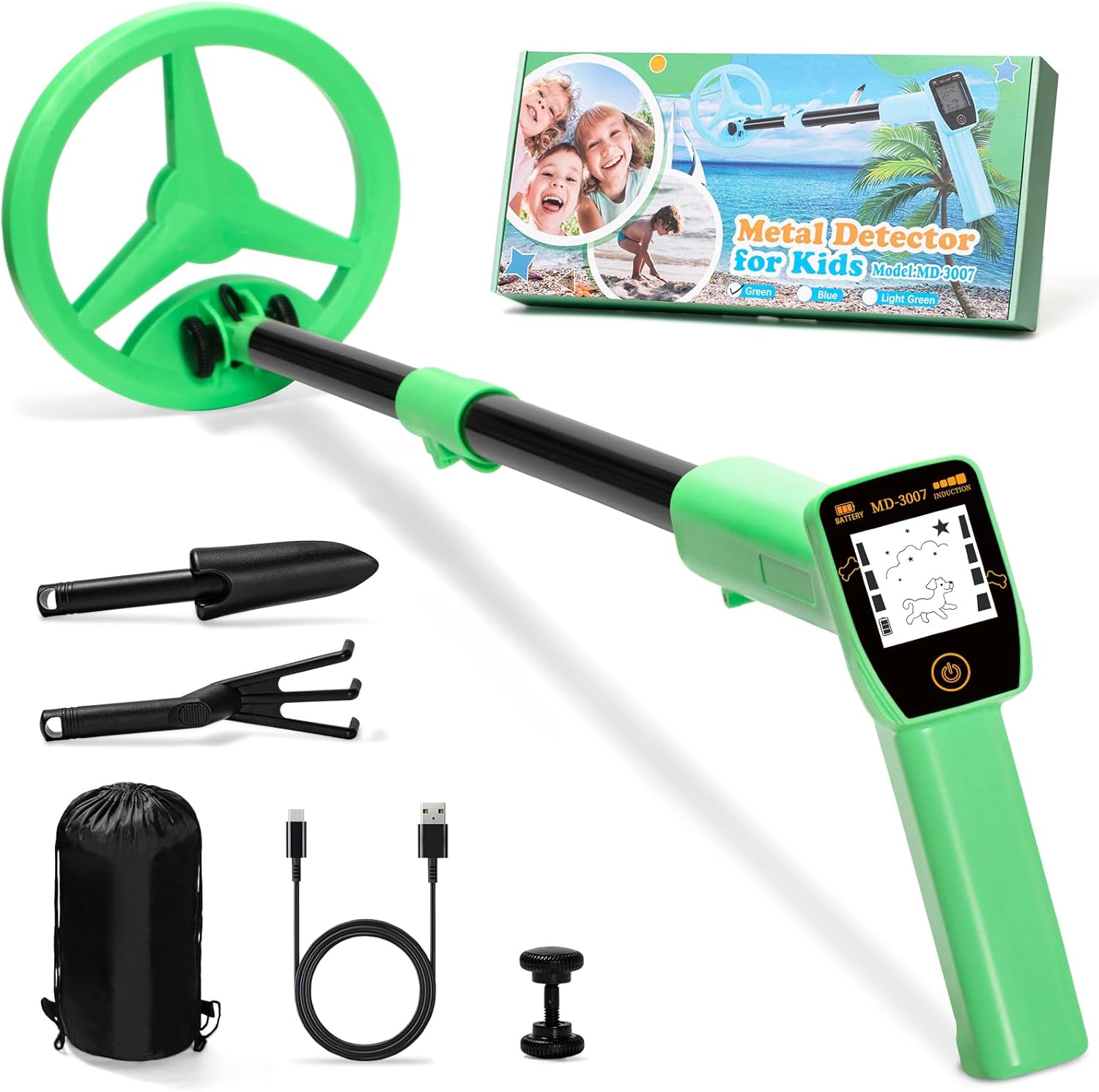 Metal Detector for Kids, Smofrees USB Rechargeable Adjustable 24"-34" Portable Childrens Metal Detectors with Funny LCD Display for Outdoor Exploration, Green