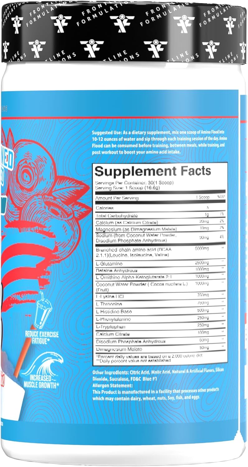 Amino Flood from Frontline Formulations - BCAA + EAA Recovery & Hydration Formula – Muscle Support, Electrolytes & Endurance – Amino Acid Supplement for Intra & Post Workout Blue Cherry Slushie