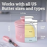 Vista 5 de Priority Chef Recipiente para mantequilla con tapa con línea de agua, plato de mantequilla francés de cerámica para dejar en la encimera, rosa