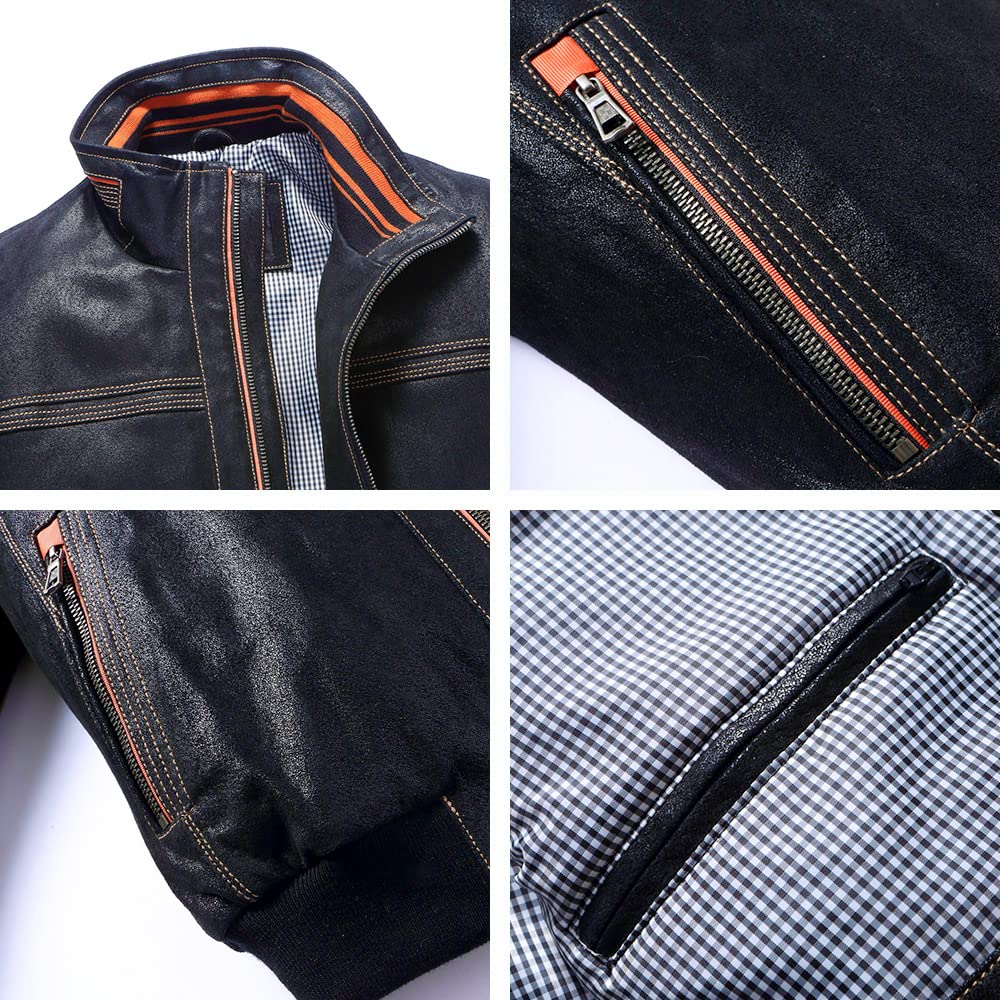 FLAVOR Chaqueta de Cuero Genuino para Hombre con Cuello Alto