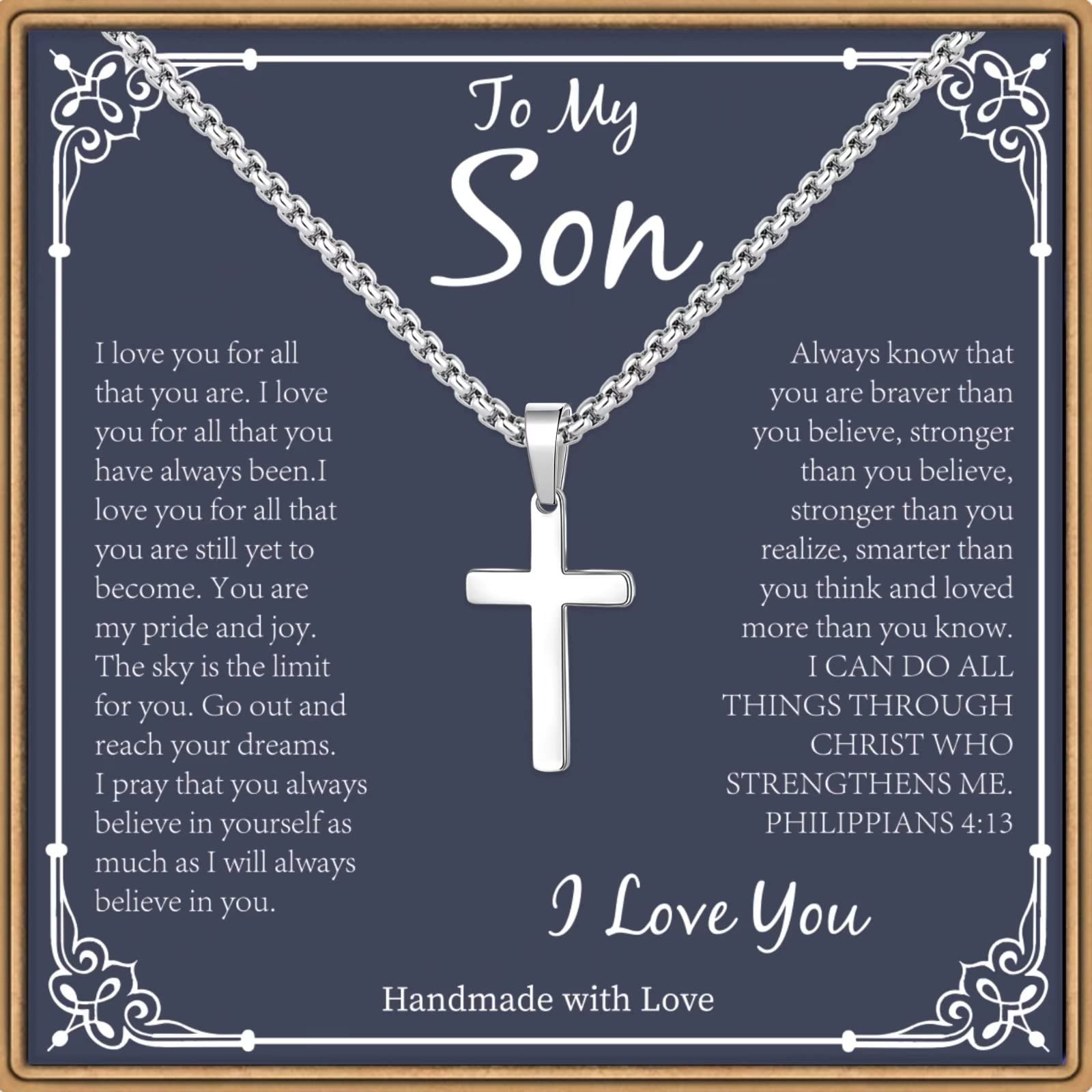 PAERAPAK Son Necklaces Gifts - Silver/Black Stainless Steel Cross Necklace Cuban Link Chain Necklace for Son