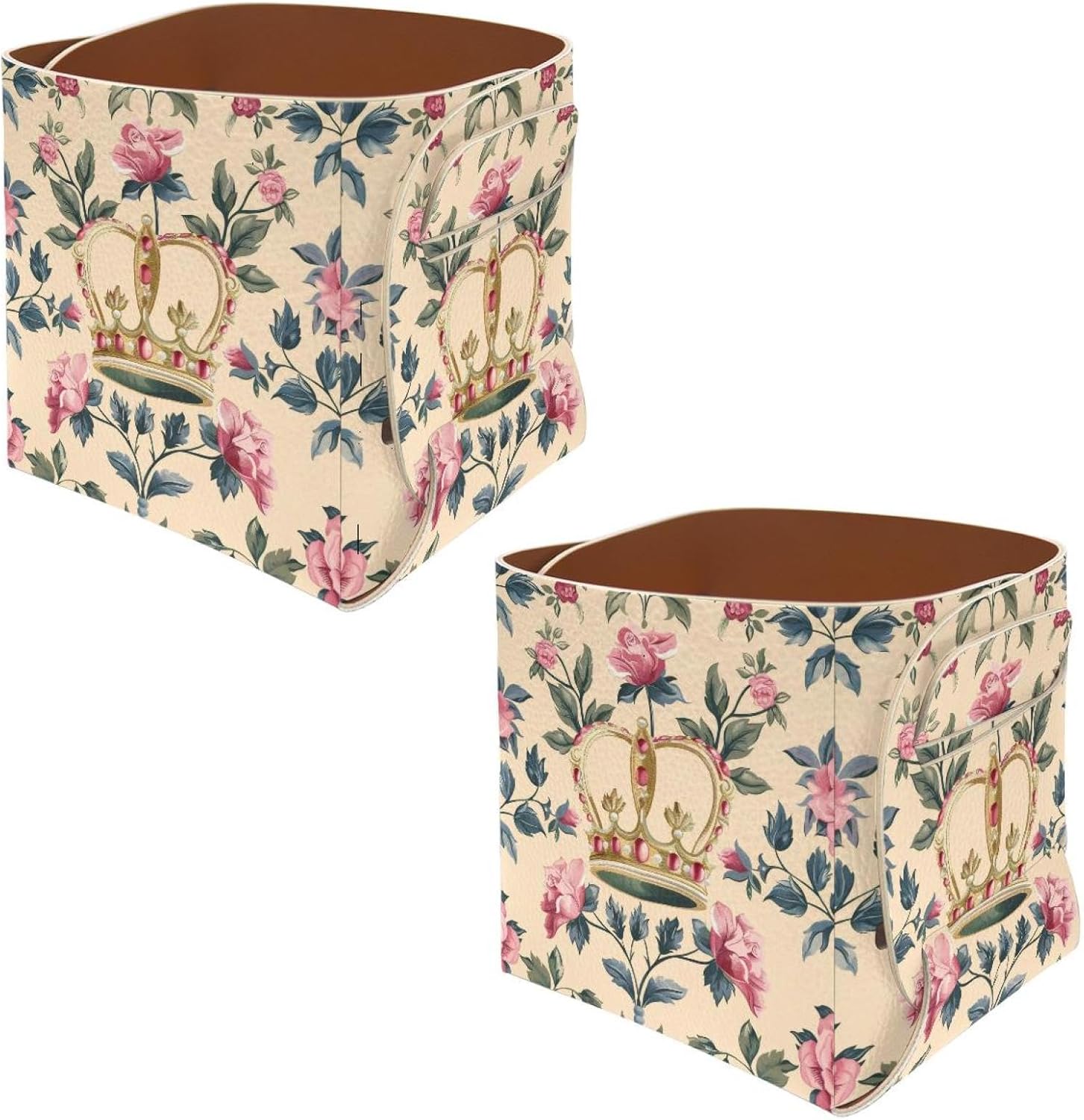 2 Pack Collapsible PU Leather Storage Box Decorative Small Desk Organizer for Pen Pencil Jewelry Makeup Accessories Storage, Princess Crown Pink Floral