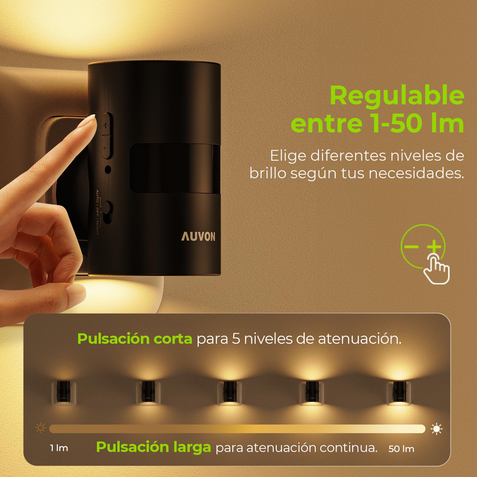 AUVON Lámpara de Noche Enchufable con Sensor de Movimiento y Sensor Crepuscular, Iluminación Superior e Inferior, Luminosidad Ajustable, Innovadora Rotación de 90° para Dormitorio, Pasillo, Cocina