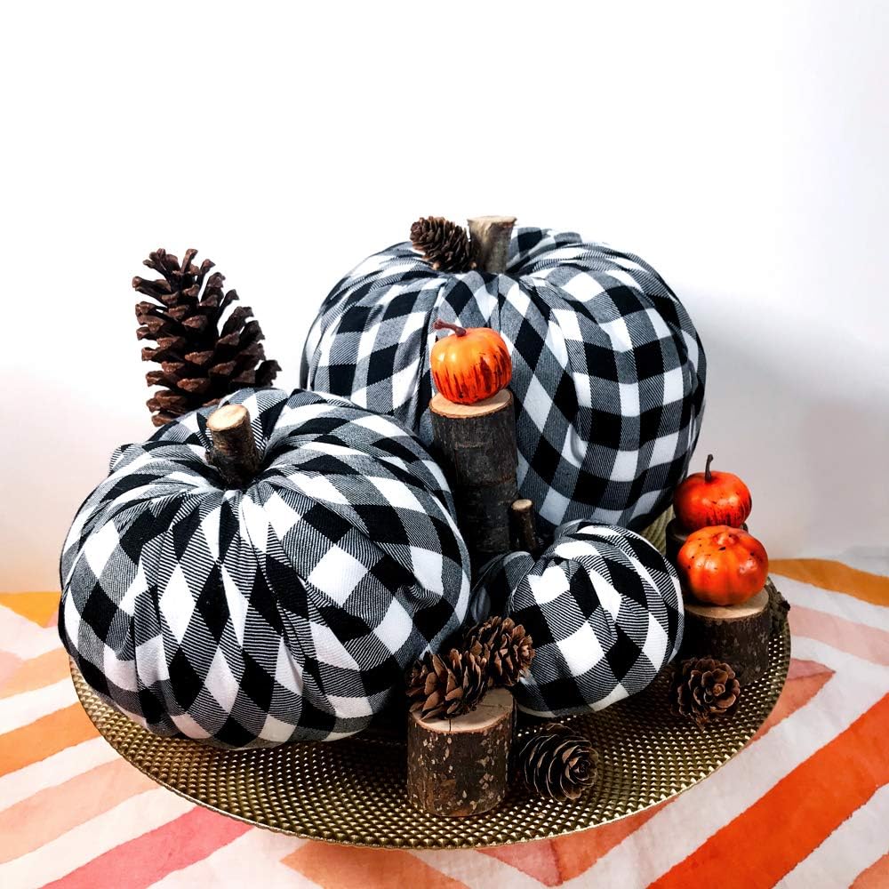 Package of 3 Assorted Burlap Pumpkins Fabric Pumpkins Buffalo Plaid Pumpkins Gingham Fabric Pumpkins Fall Thanksgiving Halloween Seasonal Holiday Farmhouse Tabletop Decoration