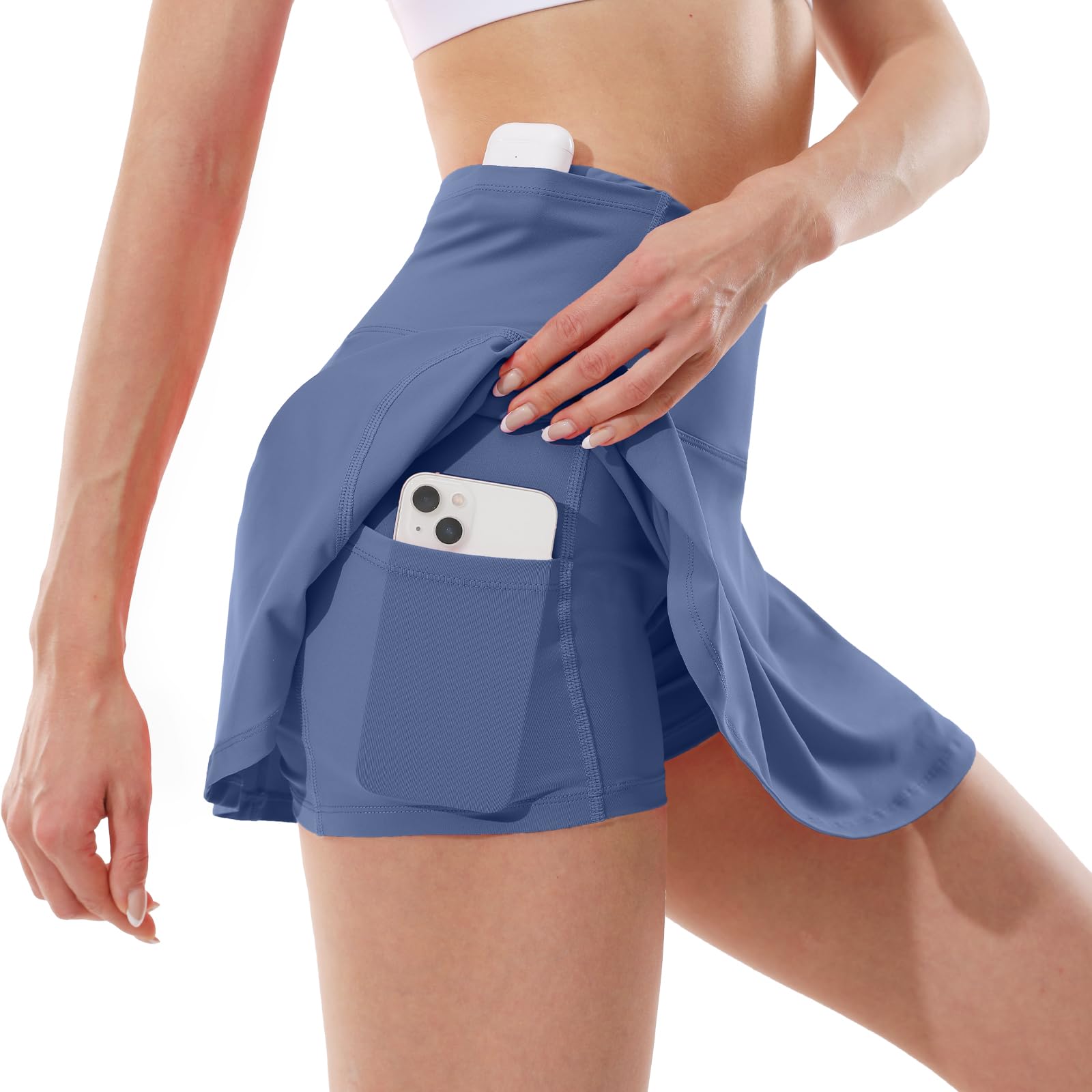 Abbigliamento Tennis Donna, Gonna da tennis a pieghe a vita alta per donna pantaloncini integrati con 5 tasche gonne da golf skorts atletica corsa, Goccia d'acqua blu, L