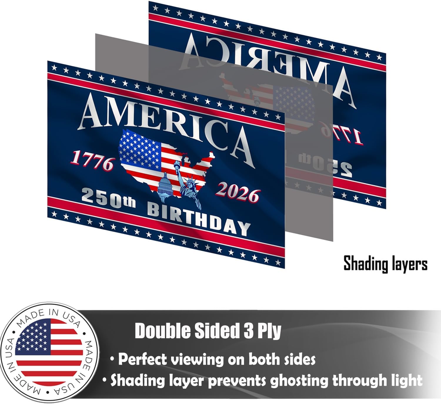 Double-sided 250th Anniversary Flag 4x6 Ft, America 250 Flag 4x6, Blue White Red USA Flag & Map Design, Durable 250 Anniversary USA Flag for Indoor Outdoor Celebration