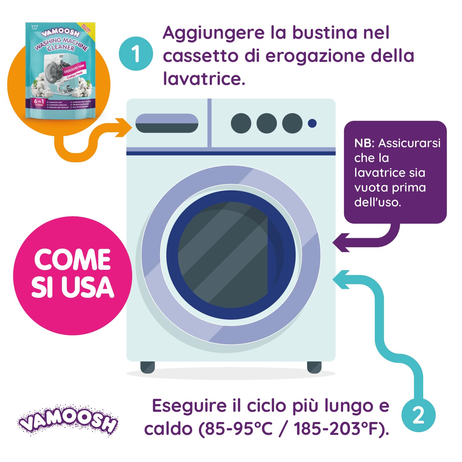 Vamoosh Pulitore Lavatrice 6 in 1, profumo cotone fresco. Scioglie peli, elimina odori e calcare, pulisce in profondità, lascia profumo fresco, antibatterico, disincrosta, 2 lavaggi