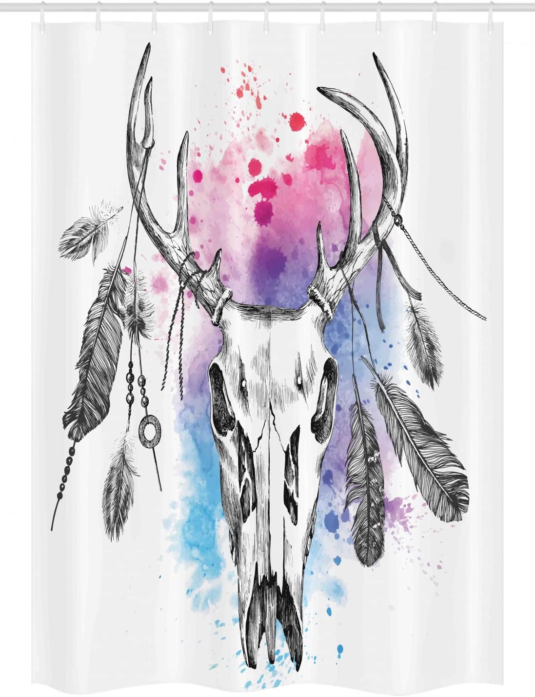 Ambesonne Sketchy Stall Shower Curtain, Deer Skull Feathers Horns Color Splashes Boho, Fabric Bathroom Decor Set with Hooks, 54" W x 78" L, Purple Grey White
