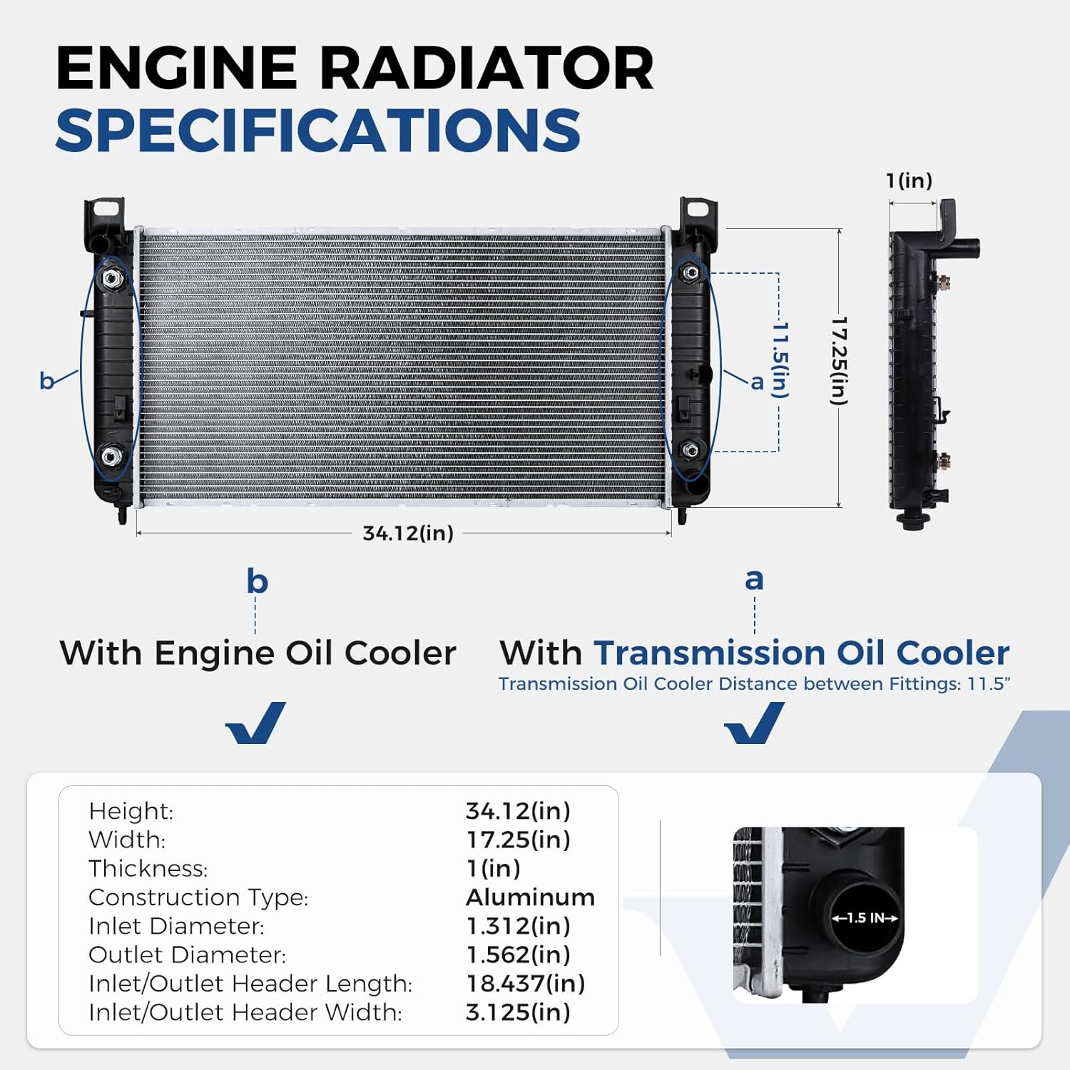 CU2370 Radiator 34’’ Compatible with Chevy Silverado Suburban Tahoe GMC Sierra Yukon Cadillac Escalade Hummer H2 4.3L 4.8L 5.3L 6.0L 6.2L with TOC and EOC Replace OE# GM3010274