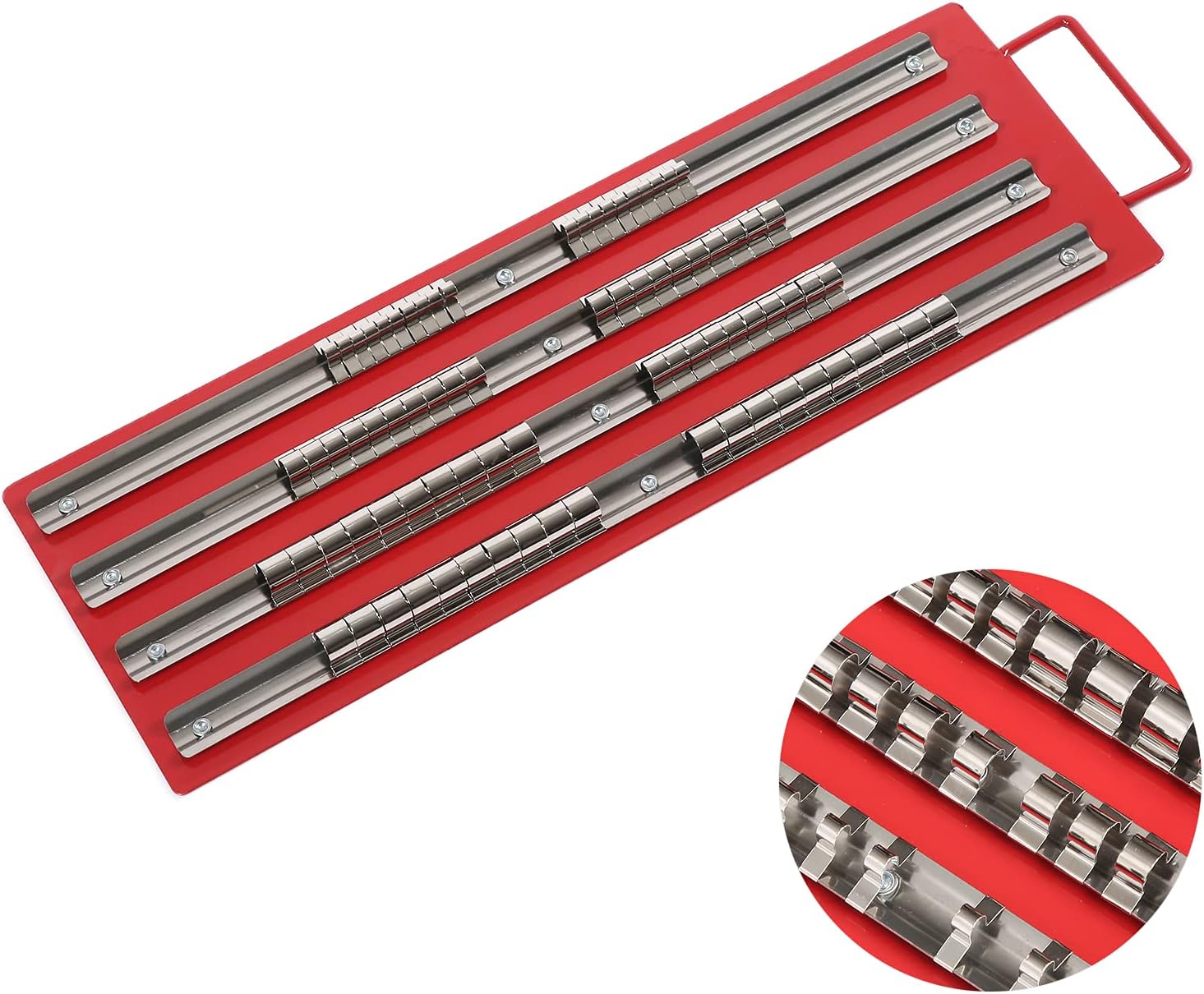 Heavy-Duty Socket Organizer Tray - Steel Rail Rack Holds 1/4-Inch, 3/8-Inch, 1/2-Inch Sockets, Wall Mount & Tool Box Storage for Auto Mechanics & DIY