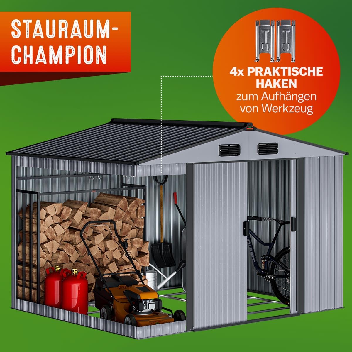 GARDEBRUK® Cobertizo de Jardín XXL Caseta Exterior 5m² con Base 260x205x180cm 9m³ Puerta Corrediza Gris Metálico