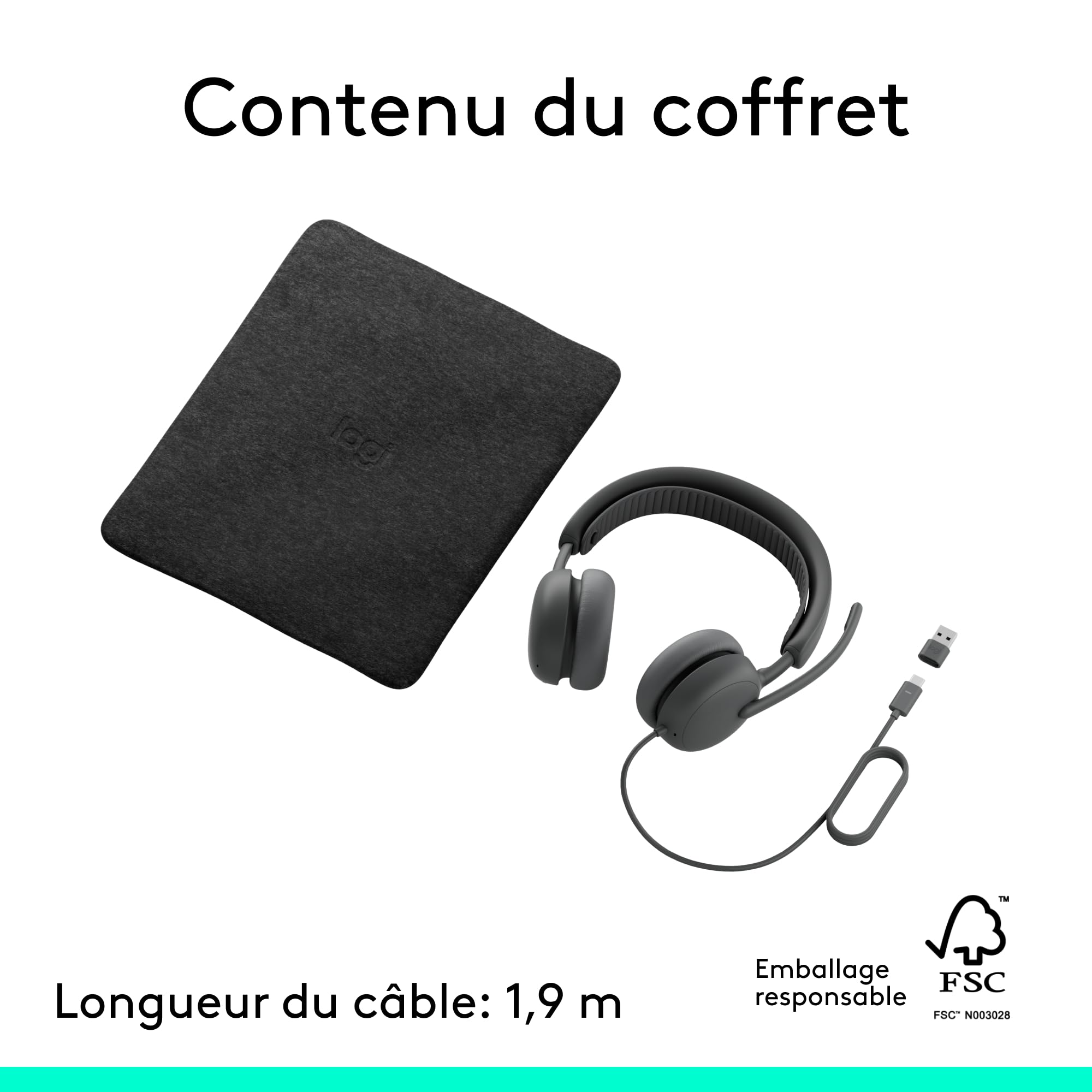 Logitech Zone Wireless 2 ES for Business - Casque sans fil anti-bruit | cancellazione del rumore con ANC ibrida adattiva, Bluetooth, USB-C e USB-A, certificazione Microsoft Teams - Grafite