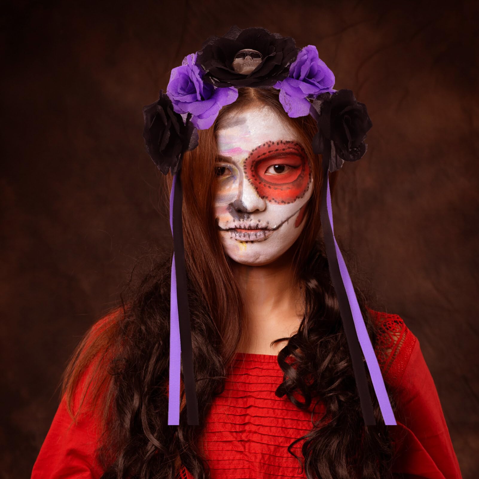 Beaupretty Halloween Skull Headband with Rose Flower Day of the Dead Hair Accessory for Party Costume and Bride Headdress - Image 3