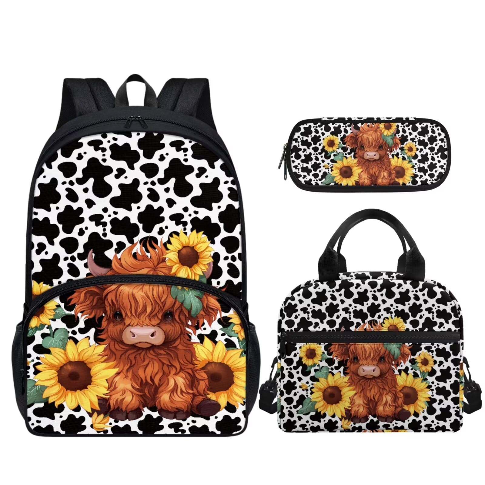 Renewold Cow Backpack 3Pcs Set Kids Teens Schoolbag Girls Travel Casual Book Bag School Bag with Water Bottle Side Pocket Bookbag with Lunch Box