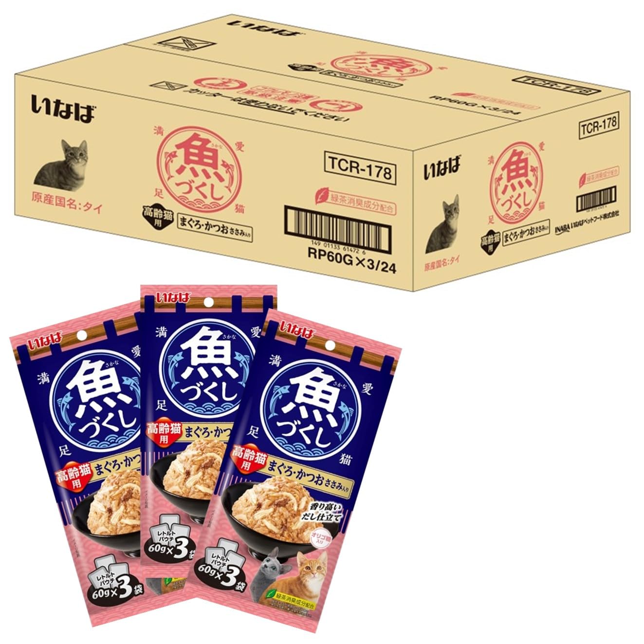 いなば　魚づくし高齢猫用まぐろ・かつお+ささみ入60g×3×96袋 Amazon.co.jp: いなば 魚づくし 高齢猫用 まぐろ・かつお ささみ入り