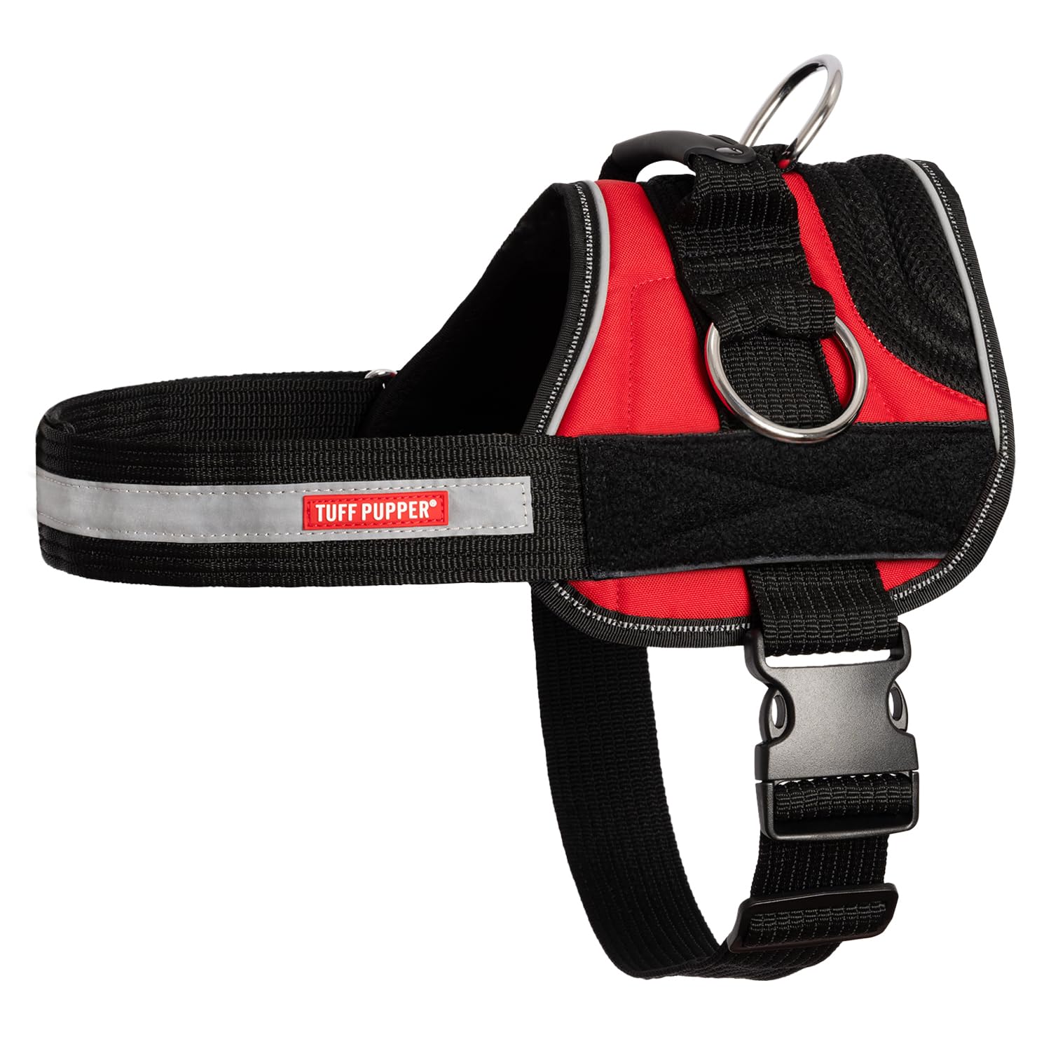 Tuff Pupper Quick Fit Harness for Small Dogs | No Pull No Choke, Escape-Proof | Rugged Padded Breathable Vest | Traffic Control Handle | 3 Leash Clips | Reflective Trim | Easy On Off (S, Red)
