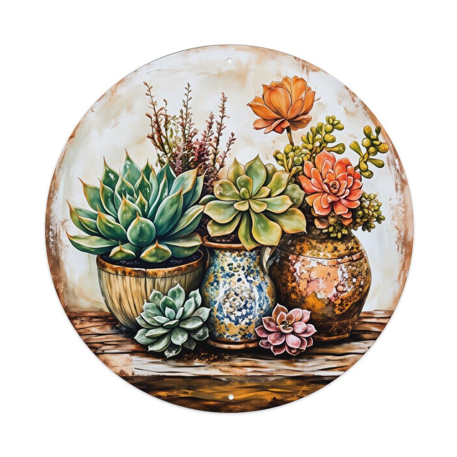Succulent Garden Vase Arrangement Art Round Tin Sign Retro Metal Sign for Cafe Bar Pub Home Game Room Gym Club Wall Decoration Vintage Metal Poster 8x8 Inch