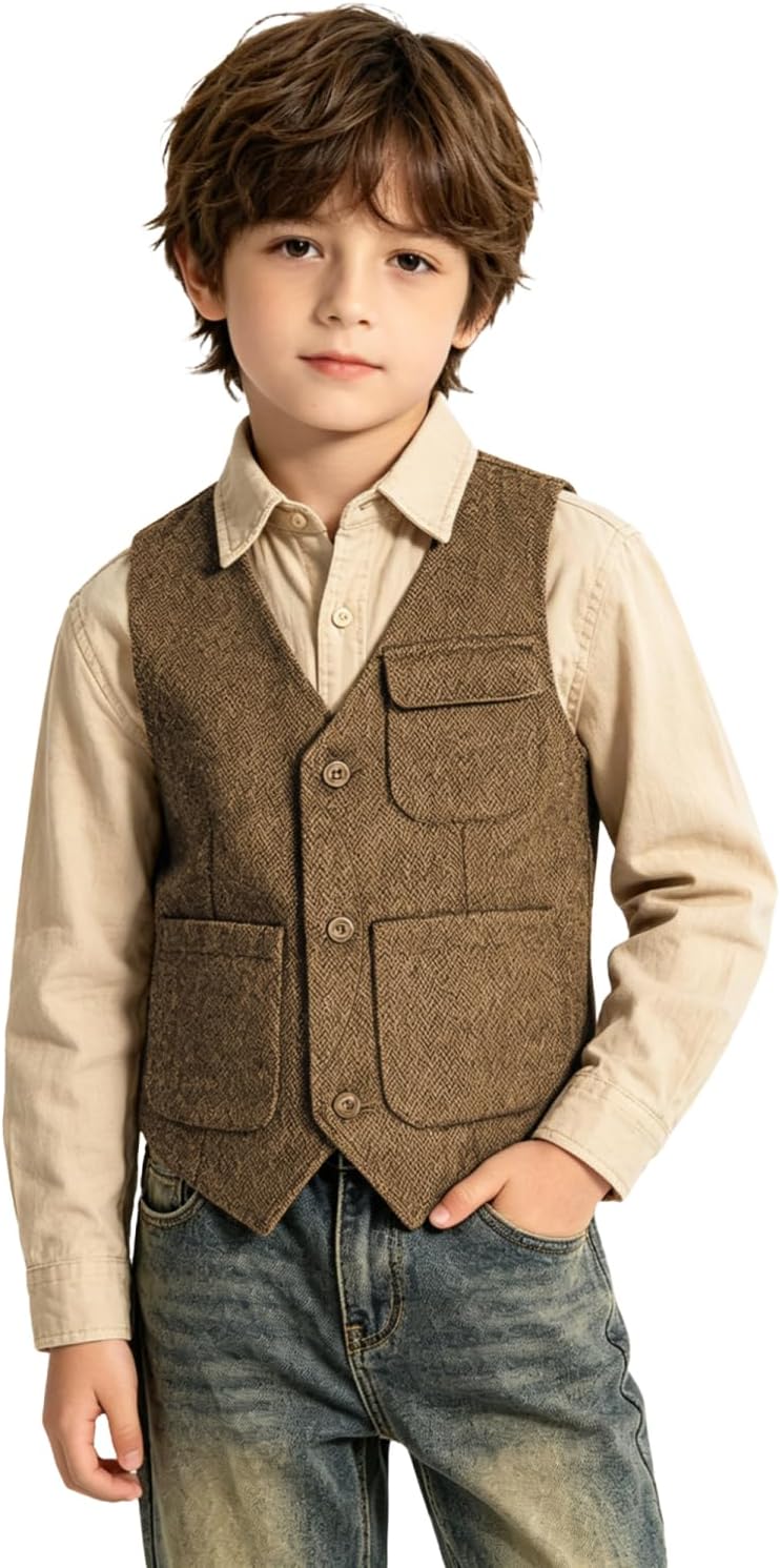 Bakerbear Boys Western Retro Tweed Vest for Kids Casual Herringbone Vests