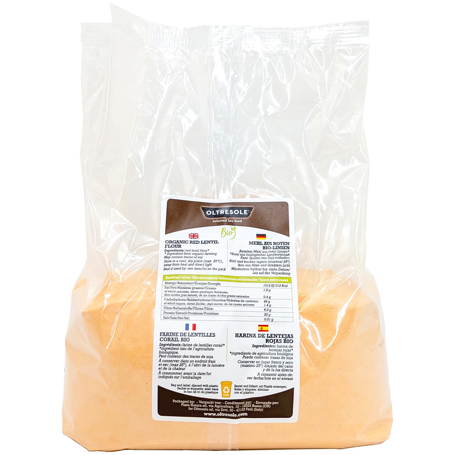 Oltresole Farina Italiana di Lenticchie Rosse Biologica 1 kg, Senza Glutine, Ricca di Proteine