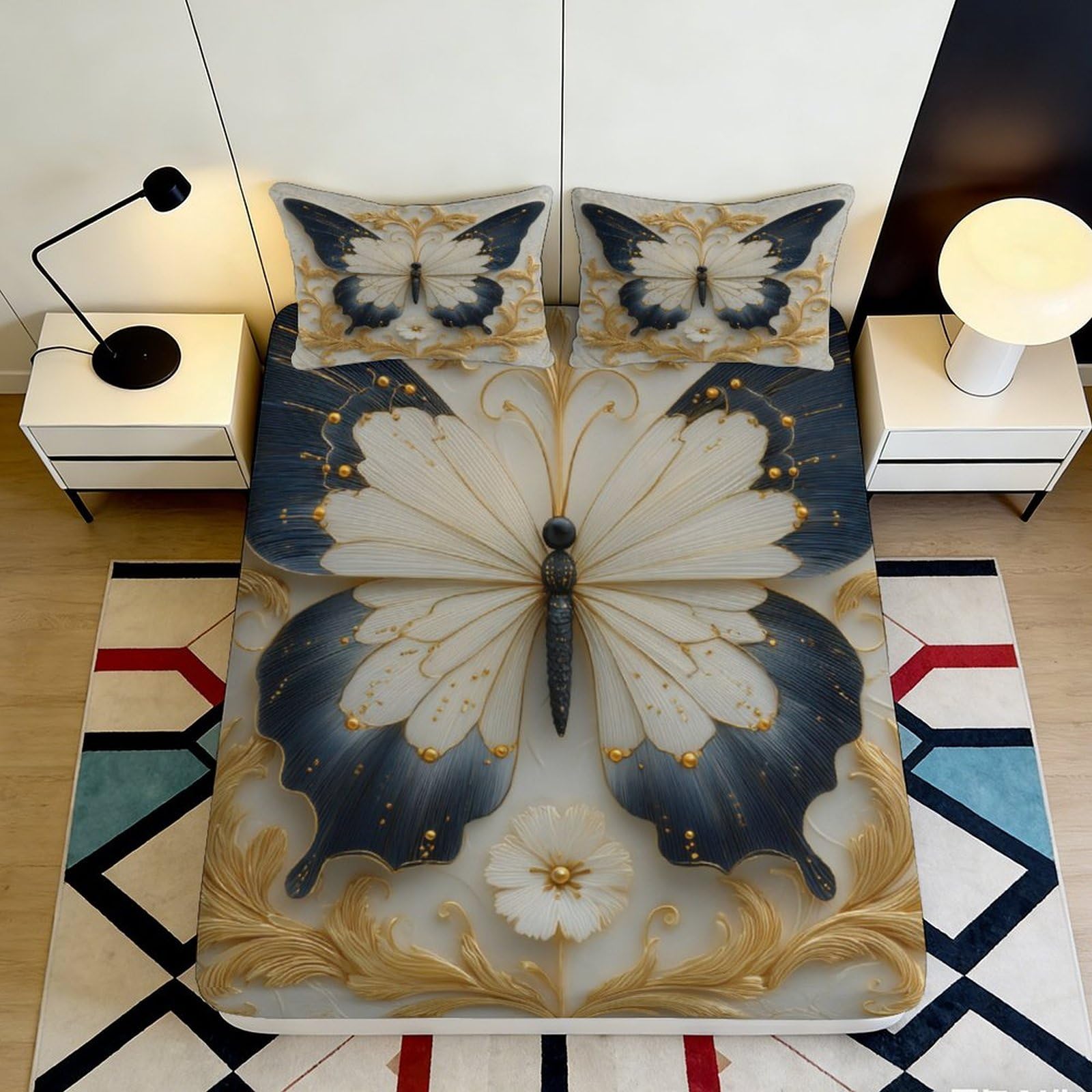3D Printed Butterfly Fitted Sheet Microfiber Soft Breathable Golden Floral Bed Cover for Bedroom Dormitory Guest Room Mattress Protection Decor 160x200x25cm
