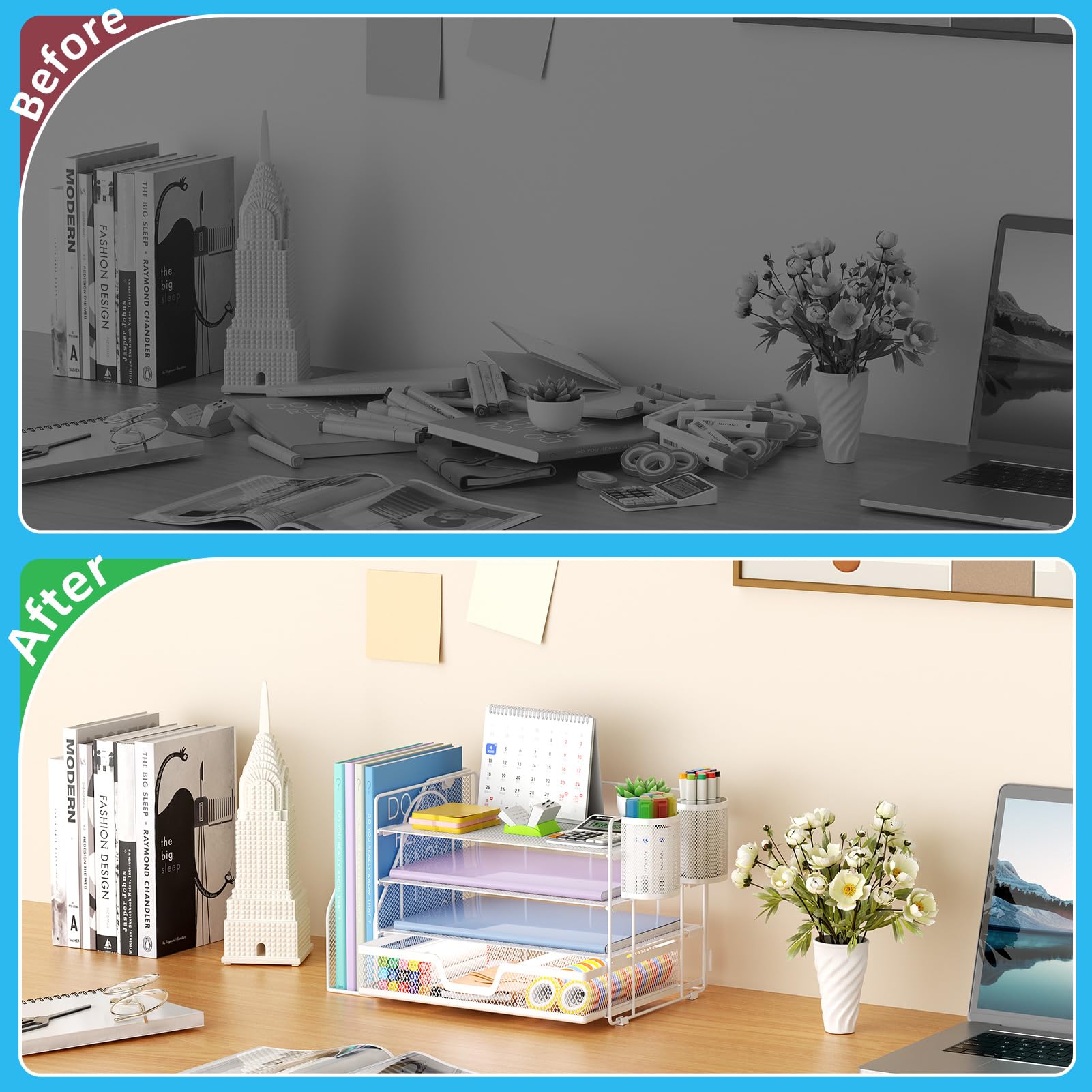 Marbrasse Organizer da scrivania e accessori, organizer per lettere a 4 livelli con porta documenti, accessori da scrivania e spazio di lavoro, organizer da scrivania con cassetto e 2 portapenne, per