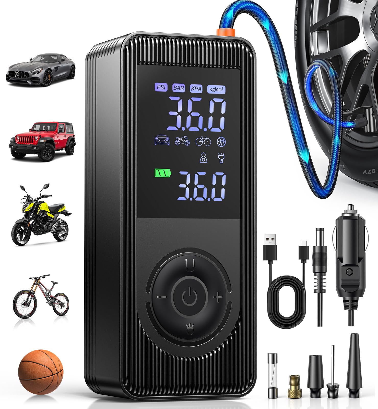 Fshyos Elektrische Luftpumpe,150PSI/10,3 BAR elektrisch Fahrradpumpe Tragbare Akku 12v 6000mAh Kompressor mit Digital LED-Licht Voreingestellter Reifendruck Auto-Stopp für alle Fahrräder Motorrad Auto