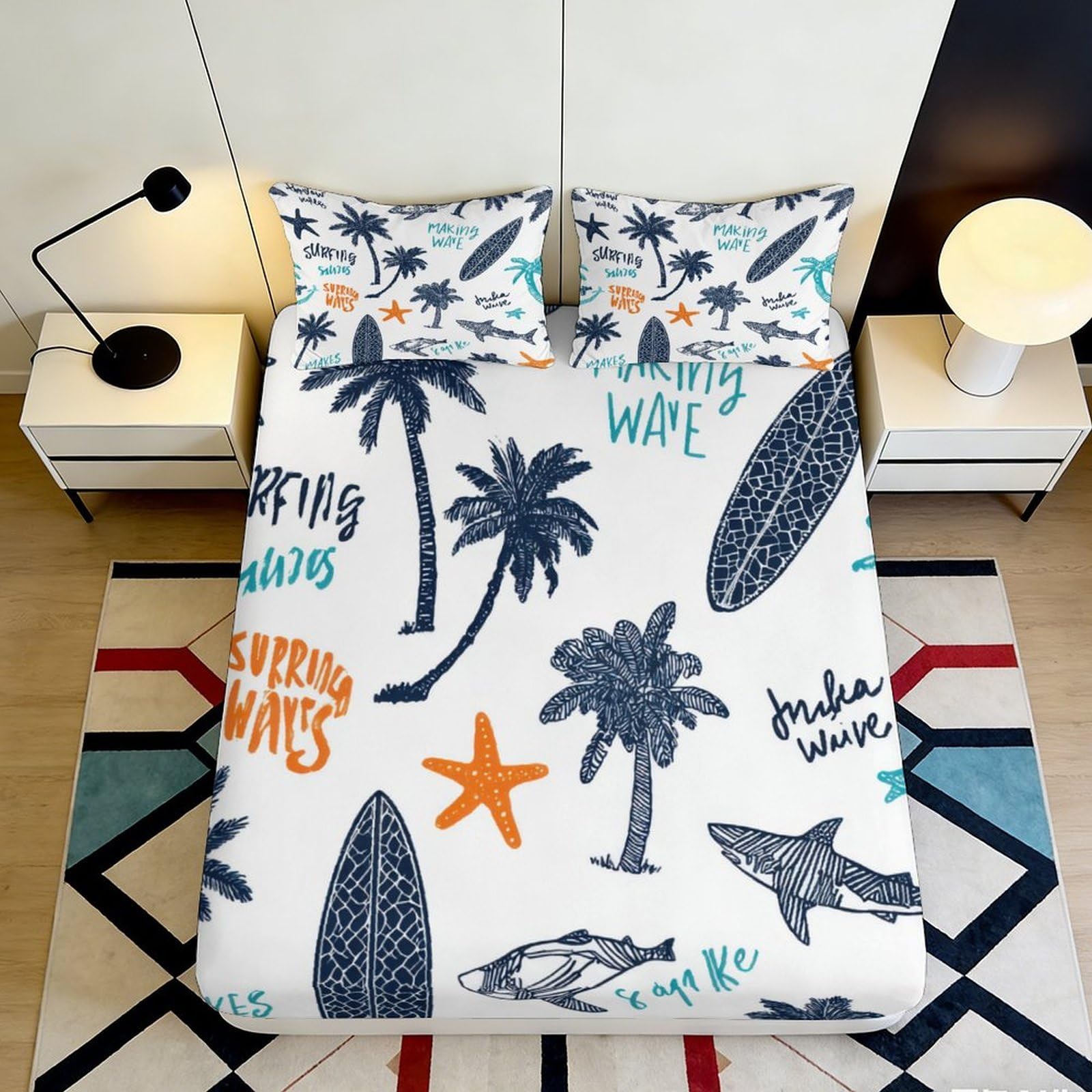 3D Printed Tropical Palm Fitted Sheet Microfiber Soft Breathable Surf Wave Bed Sheet for Bedroom Dorm Decor 90x200x25cm