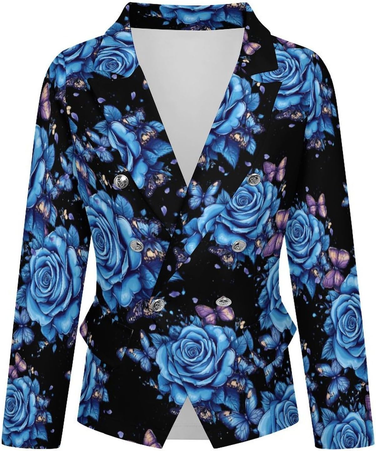 Butterfly Blue Roses Flowers Women's Blazer Long Sleeve Suits Business Casual Blazers Jackets Lapel Open Front Suit